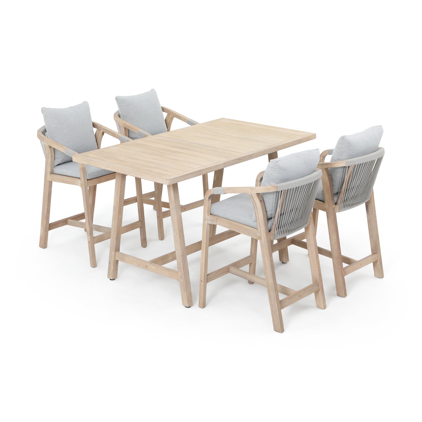 Wooden Outdoor Patio Bar Set For 4,  a rectangular acacia wood bar table and 4 patio bar height chairs with gray cushions, gray rope design - Sunsitt Premium Modern Outdoor Patio Furniture Set