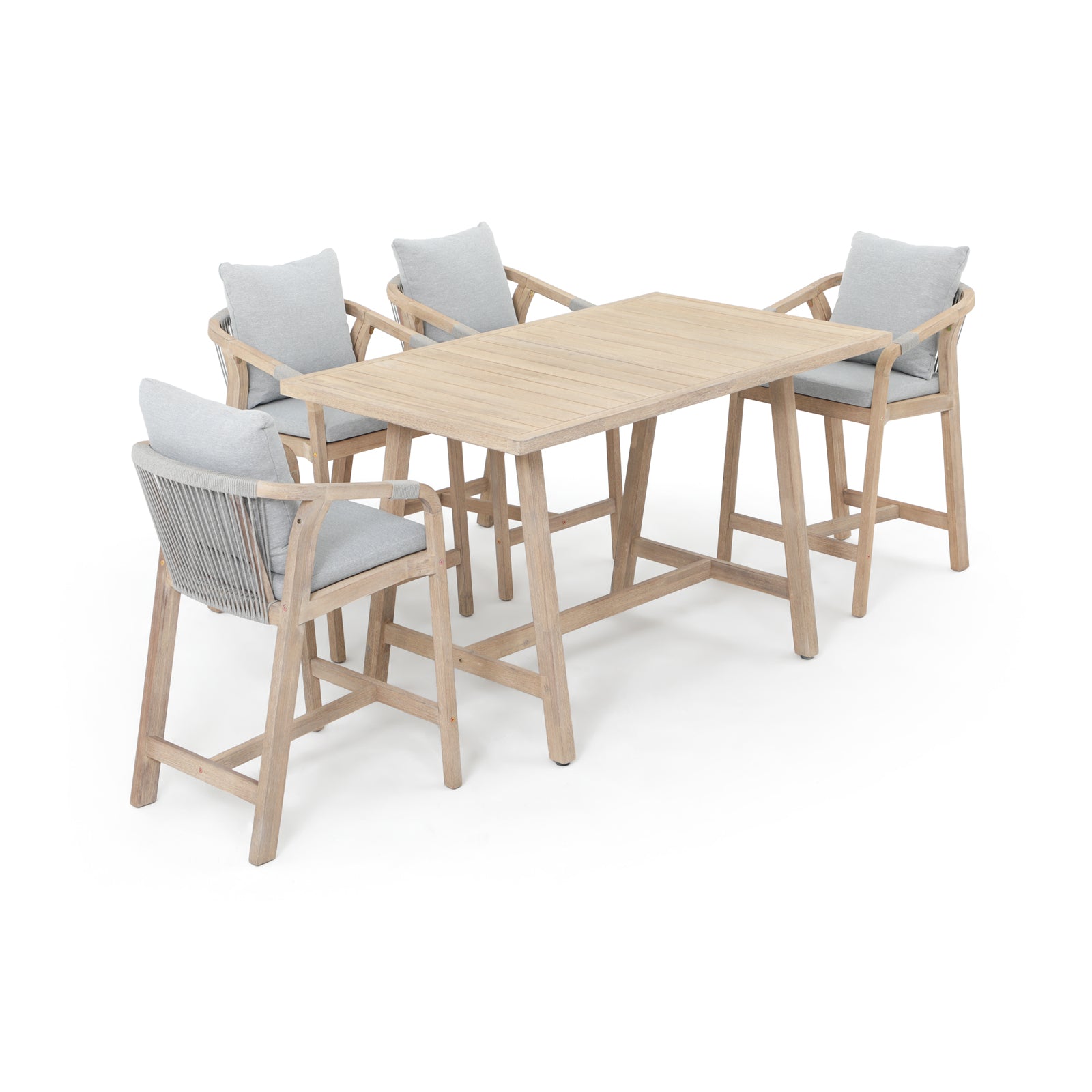 Wooden Outdoor Patio Bar Set,  a rectangular acacia wood bar table and 4 patio bar height chairs with gray cushions, gray rope design - Sunsitt Premium Modern Outdoor Patio Furniture Set