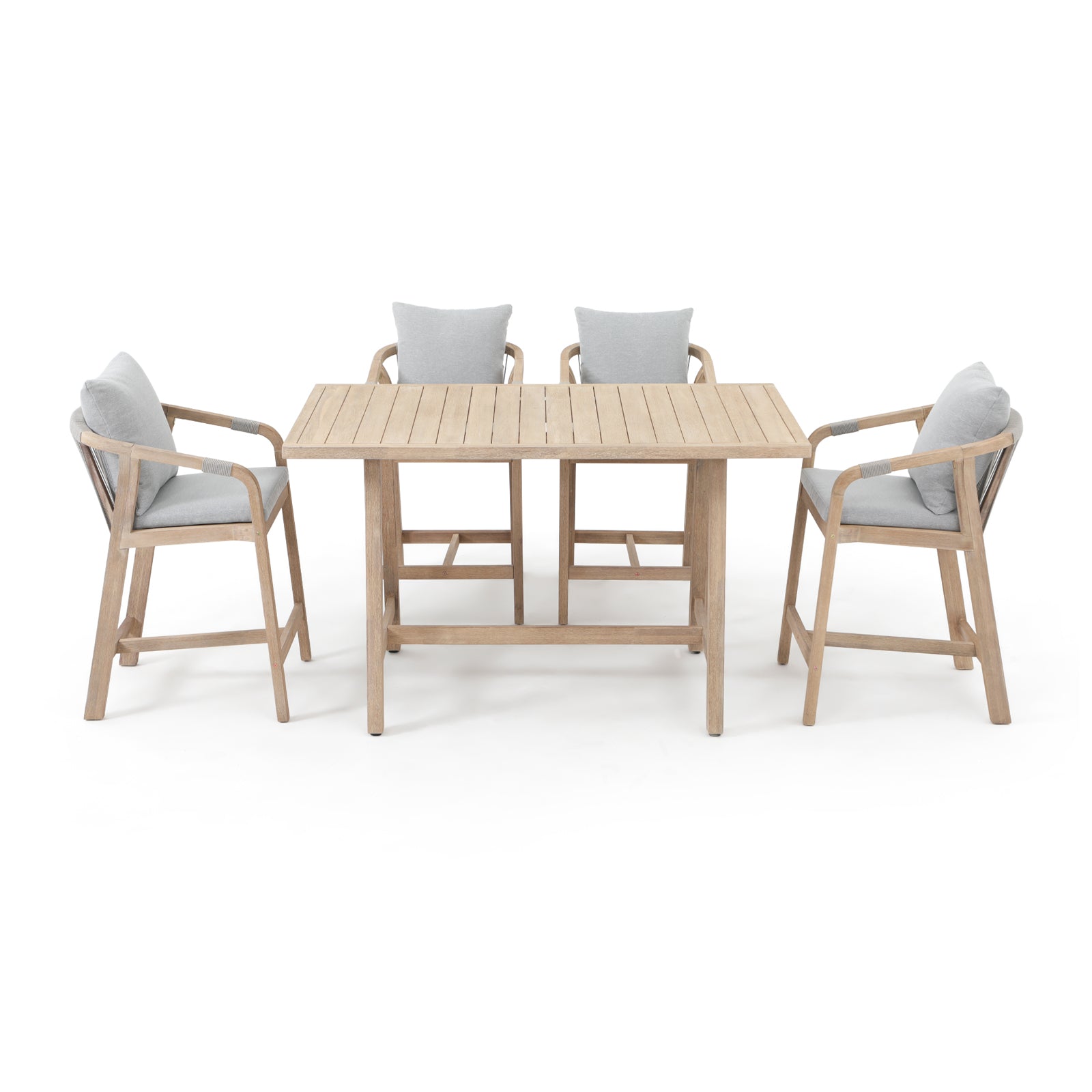 Wooden Outdoor Patio Bar Set,  a rectangular acacia wood bar table and 4 patio bar height chairs with gray cushions, gray rope design - Sunsitt Premium Modern Outdoor Patio Furniture Set