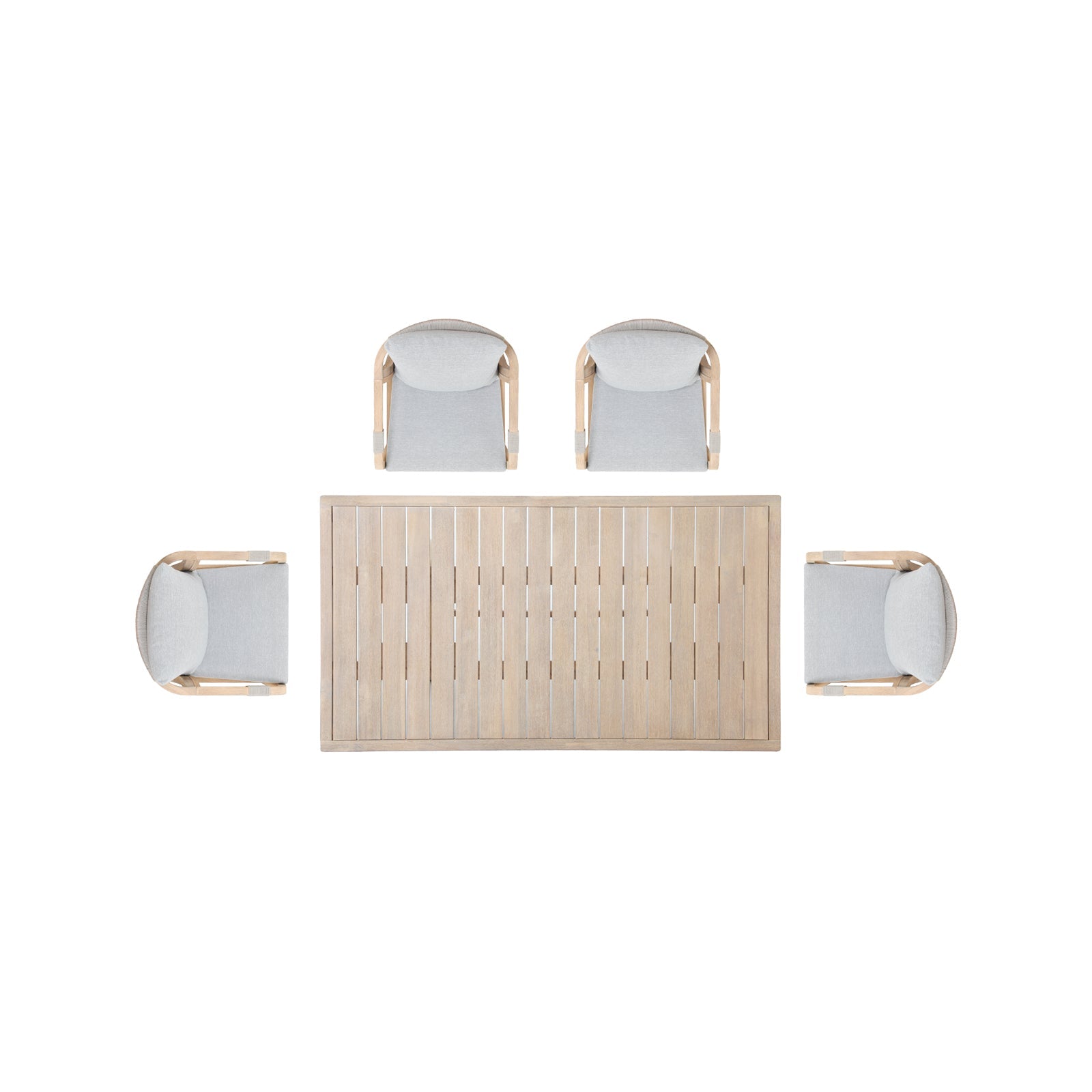 Wooden Outdoor Patio Bar Set,  a rectangular acacia wood bar table and 4 patio bar height chairs with gray cushions, gray rope design - Sunsitt Premium Modern Outdoor Patio Furniture Set