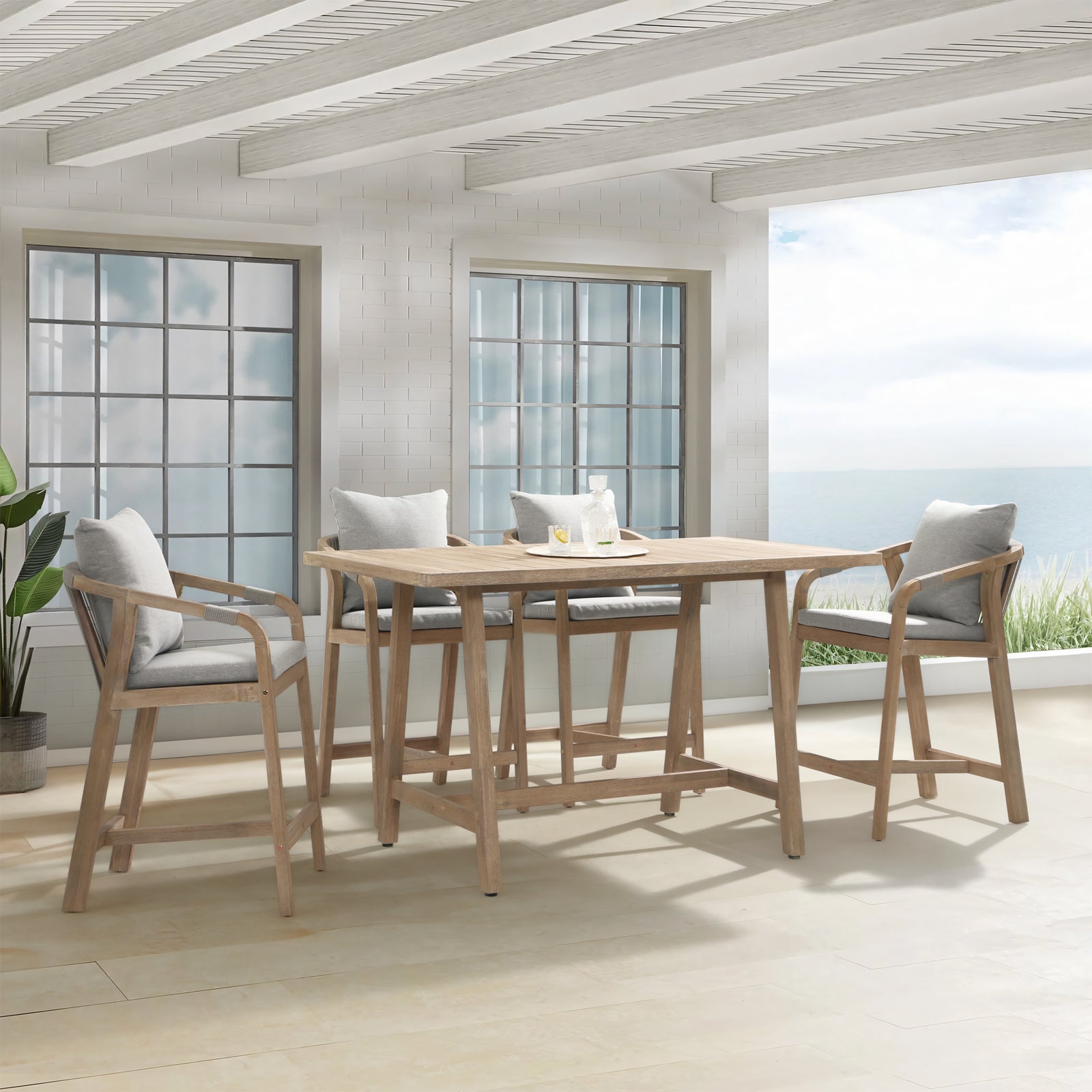 Wooden Outdoor Patio Bar Set,  a rectangular acacia wood bar table and 4 patio bar height chairs with gray cushions, gray rope design - Sunsitt Premium Modern Outdoor Patio Furniture Set