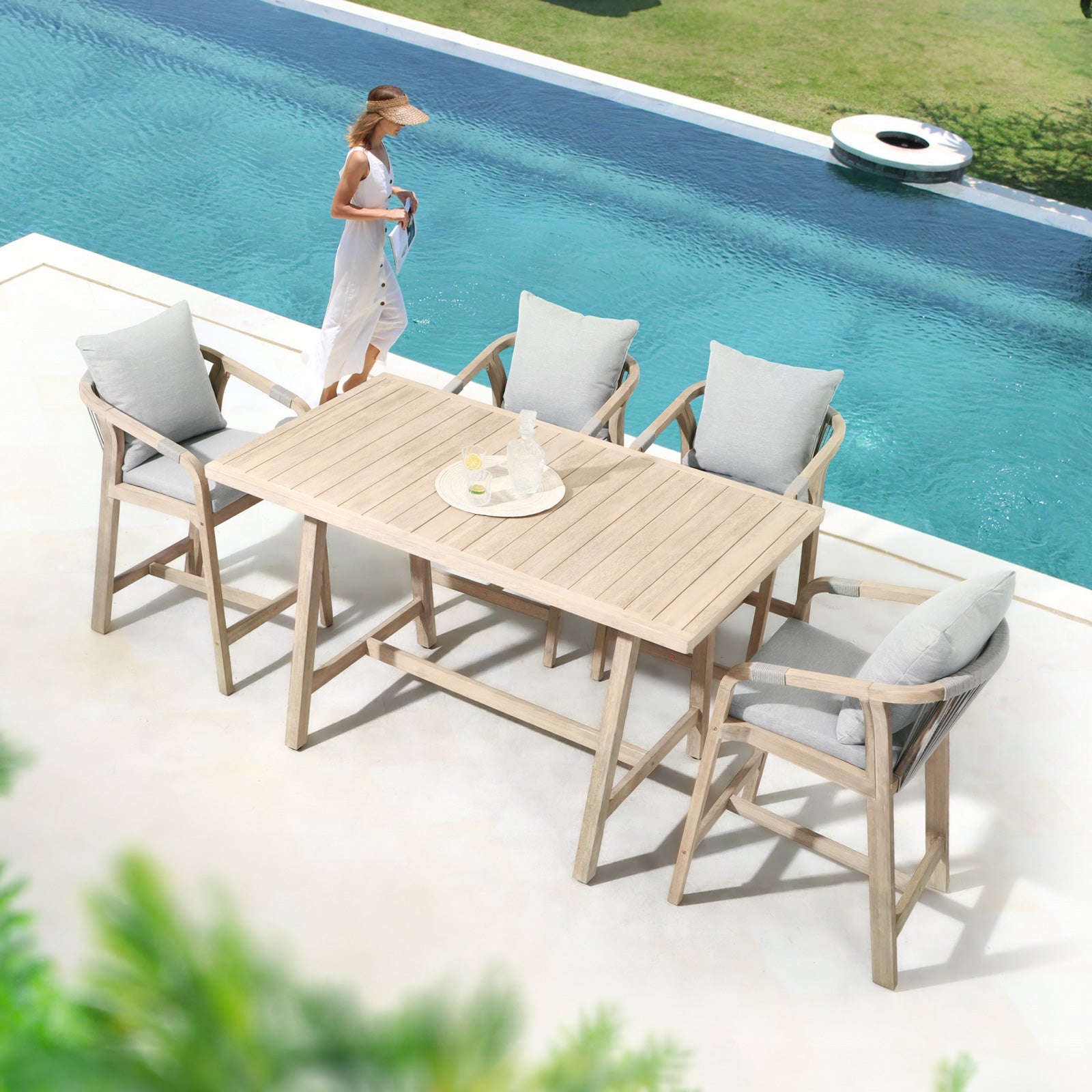Wooden Outdoor Patio Bar Set,  a rectangular acacia wood bar table and 4 patio bar height chairs with gray cushions, gray rope design - Sunsitt Premium Modern Outdoor Patio Furniture Set