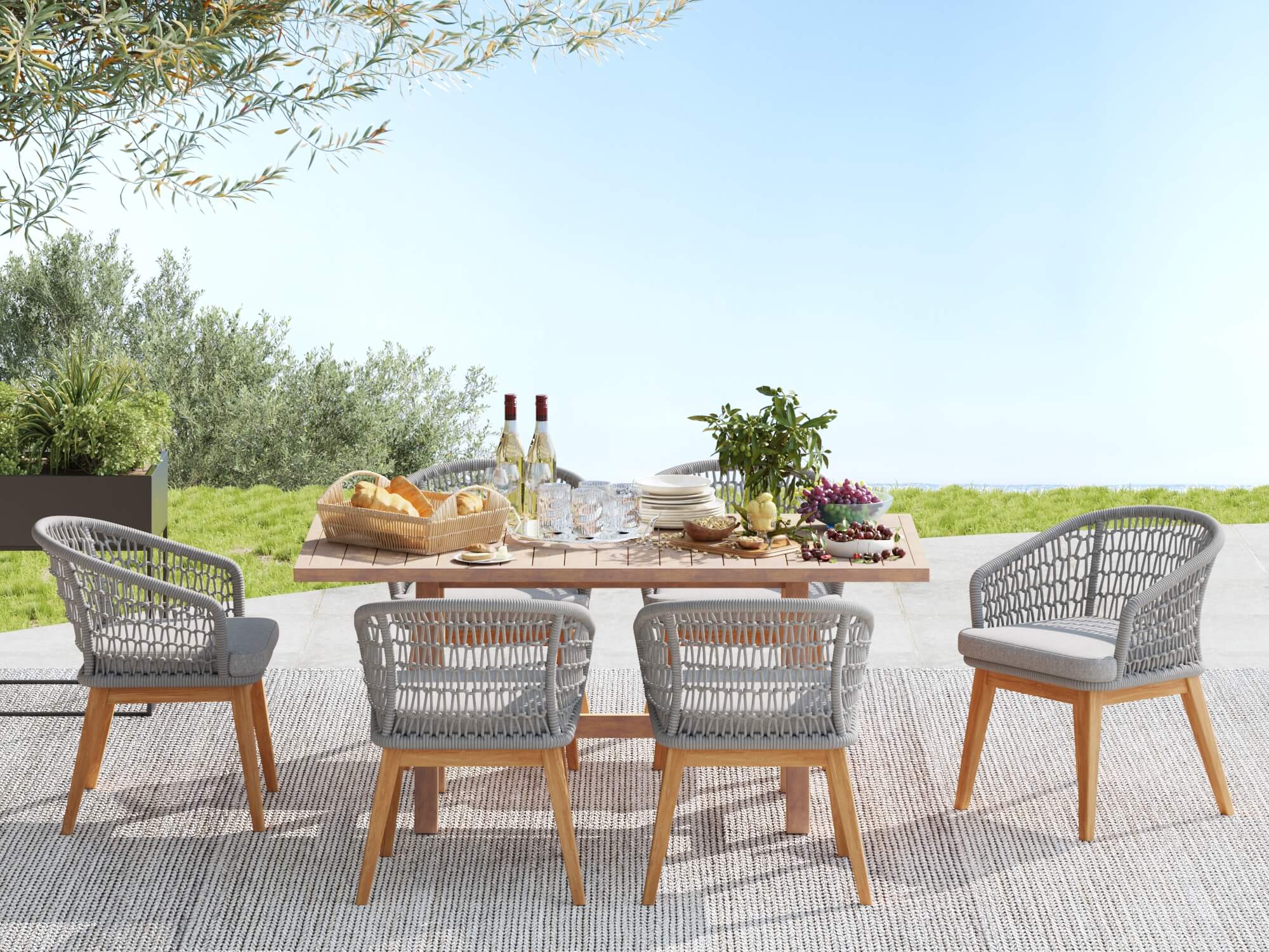 wooden rectangular patio dining set for 6 with Grey rope design- Sunsitt Modern Premium Patio Outdoor Furniture #Color_Grey