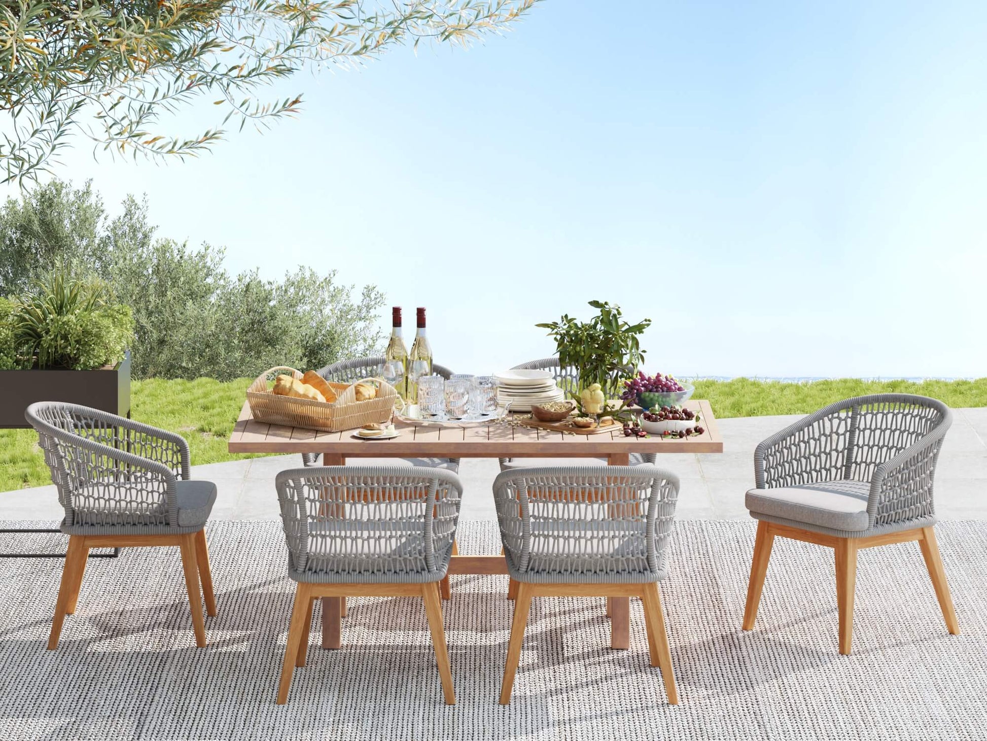 wooden rectangular patio dining set for 6 with Grey rope design- Sunsitt Modern Premium Patio Outdoor Furniture #Color_Grey