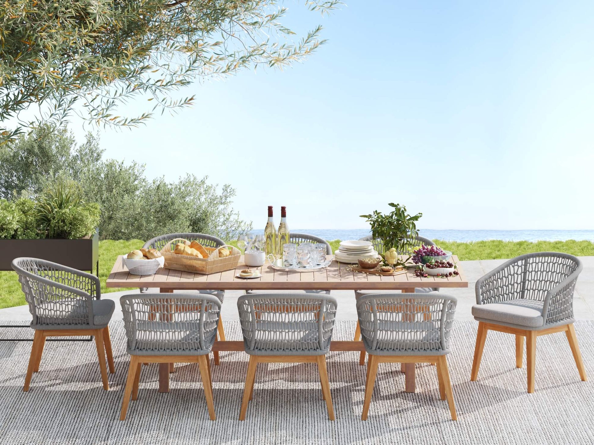Outdoor dining setup for 8 with table, chairs, and food on a patio- Sunsitt Modern Premium Patio Outdoor Furniture