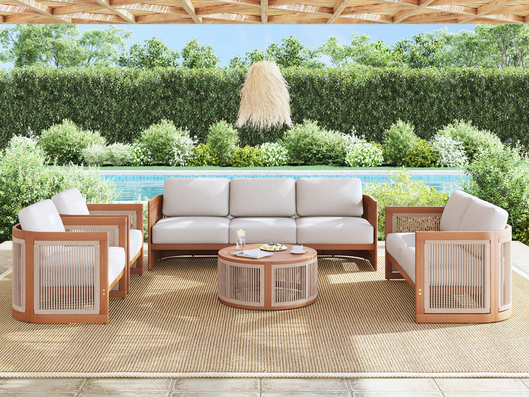 7 seats wood and rope outdoor conversation furniture sets with round coffee table- Sunsitt Modern Premium Patio Outdoor Furniture#Size_5-pc