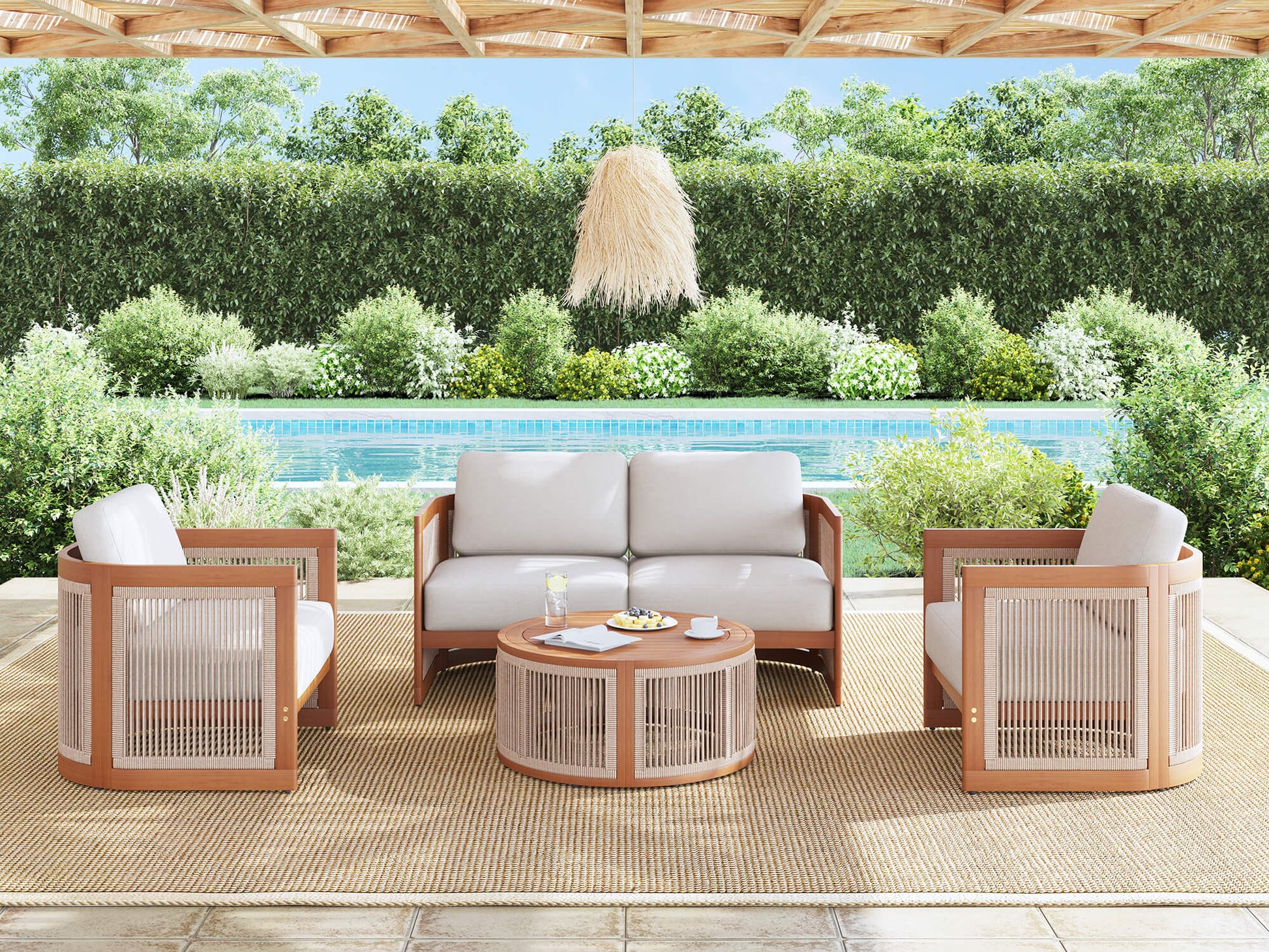 4 seats outdoor patio conversation furniture sets with wooden frame and woven rope design, a loveseat, two chairs, a round coffee table- Sunsitt Modern Premium Patio Outdoor Furniture#Size_4-pc with Loveseat