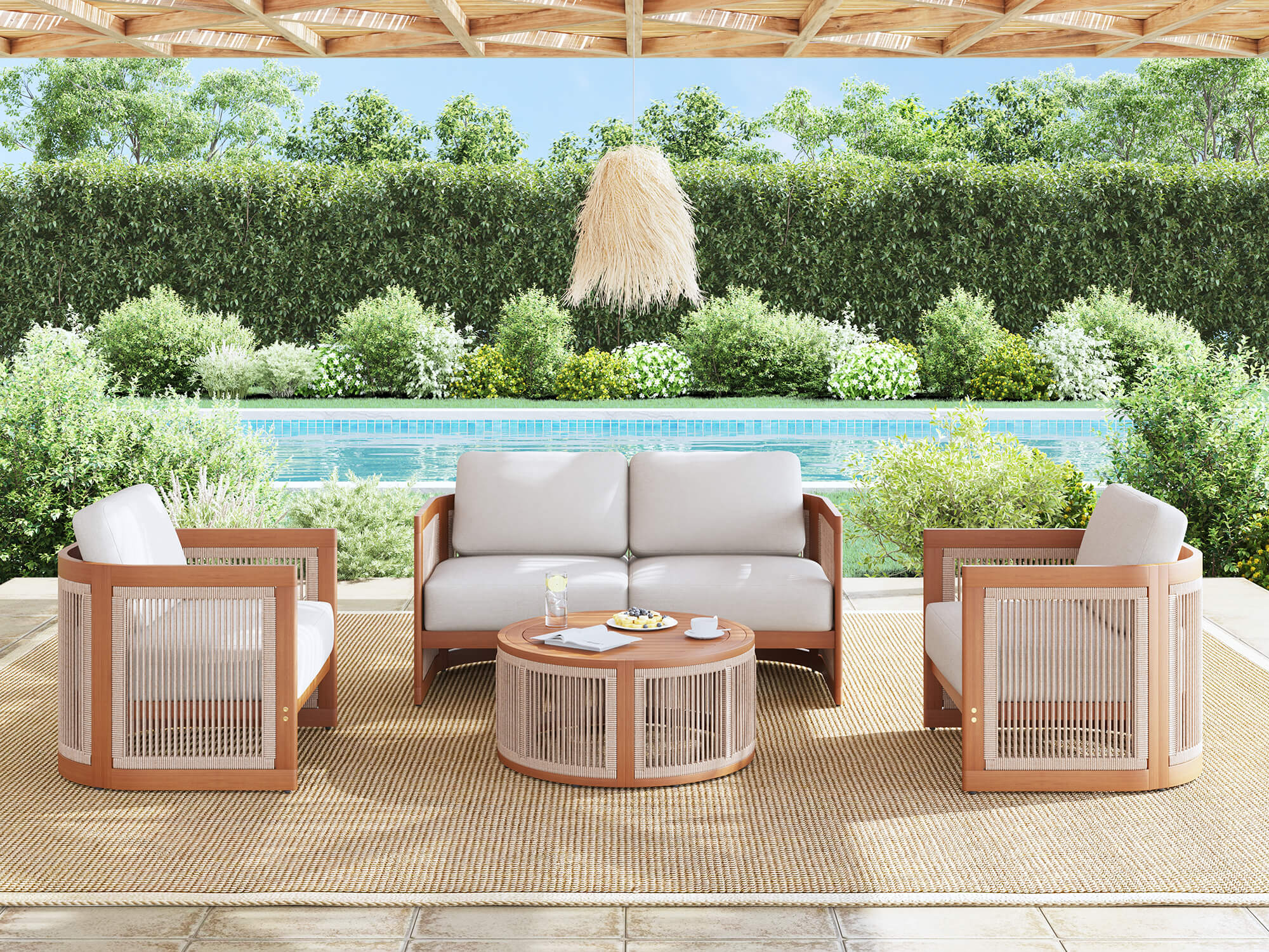 4 seats outdoor patio conversation furniture sets with wooden frame and woven rope design, a loveseat, two chairs, a round coffee table- Sunsitt Modern Premium Patio Outdoor Furniture#Size_4-pc with Loveseat