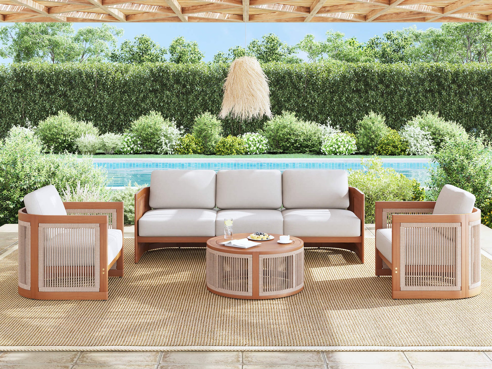 4pcs outdoor patio conversation furniture sets with wooden frame and woven rope design- Sunsitt Modern Premium Patio Outdoor Furniture#Size_4-pc with Sofa