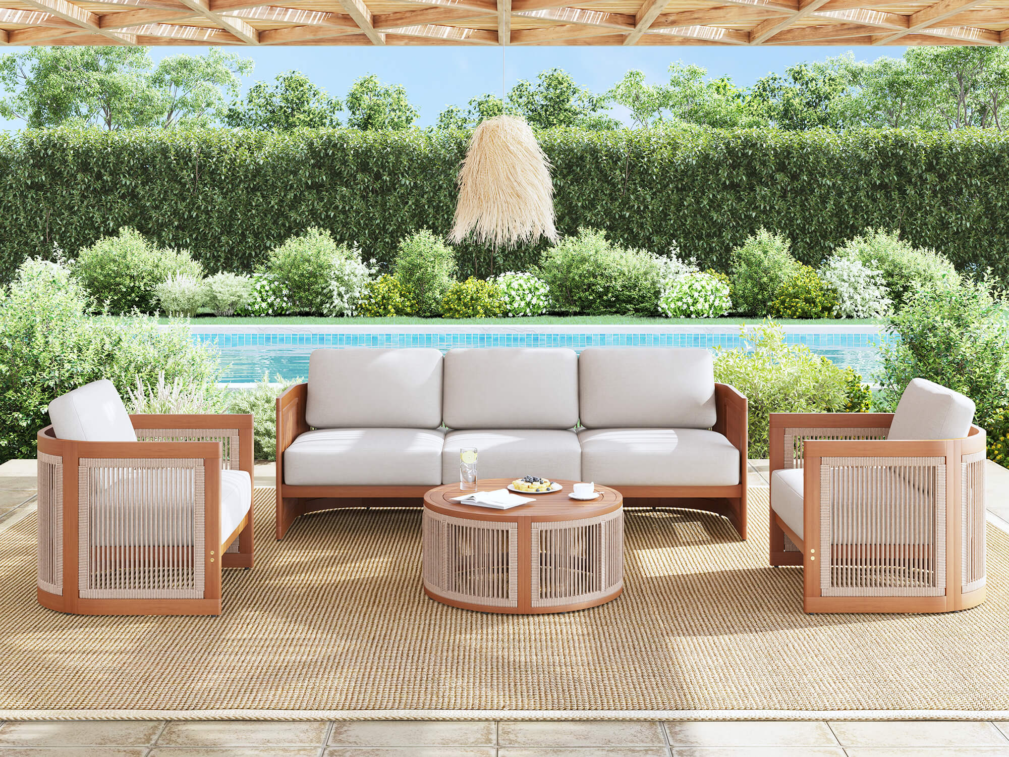 4pcs outdoor patio conversation furniture sets with wooden frame and woven rope design- Sunsitt Modern Premium Patio Outdoor Furniture#Size_4-pc with Sofa