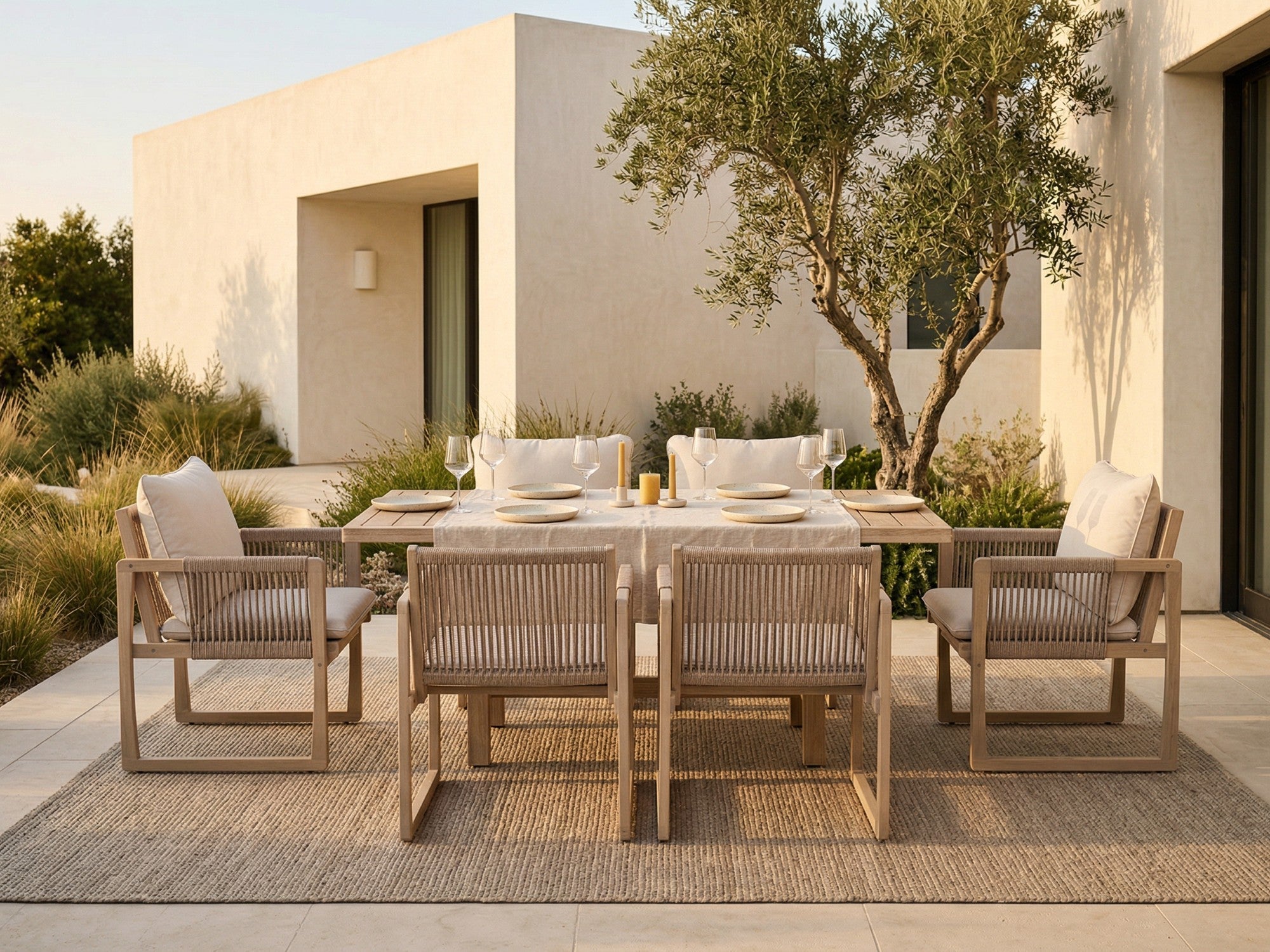 Lumi Wooden Outdoor Dining Chair with White Cushion, Rope Design, Set of 2/4/6