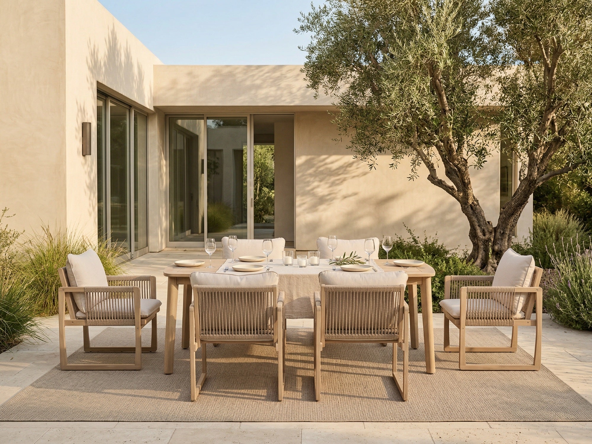 Lumi Outdoor Wooden Dining Set with Rope Design Chairs & Umbrella Hole for 6-8 People, 83" Tapered Legs