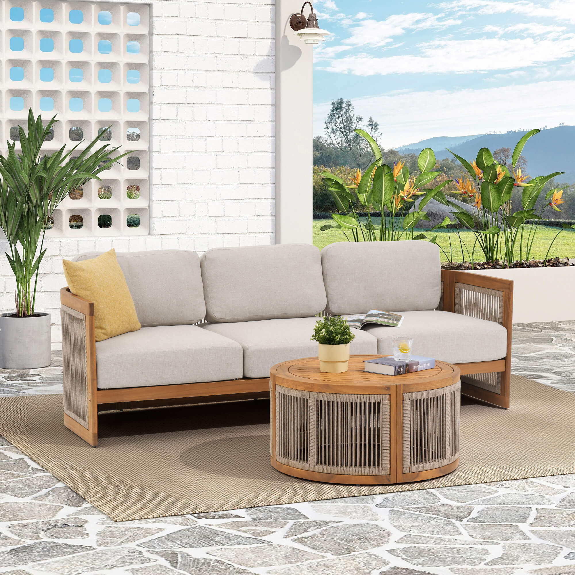 3 seats sofa set with wooden frame and woven rope design- Sunsitt Modern Premium Patio Outdoor Furniture#Size_2-pc with Table