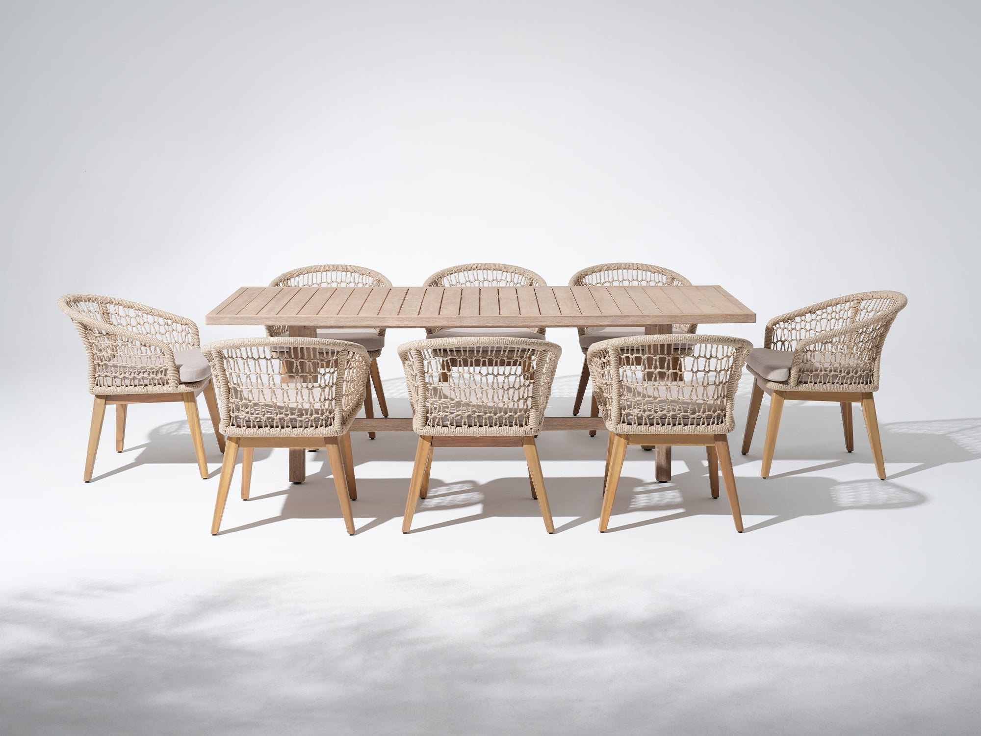 Wooden dining table with eight matching chairs for 8 people, rope design- Sunsitt Modern Premium Patio Outdoor Furniture