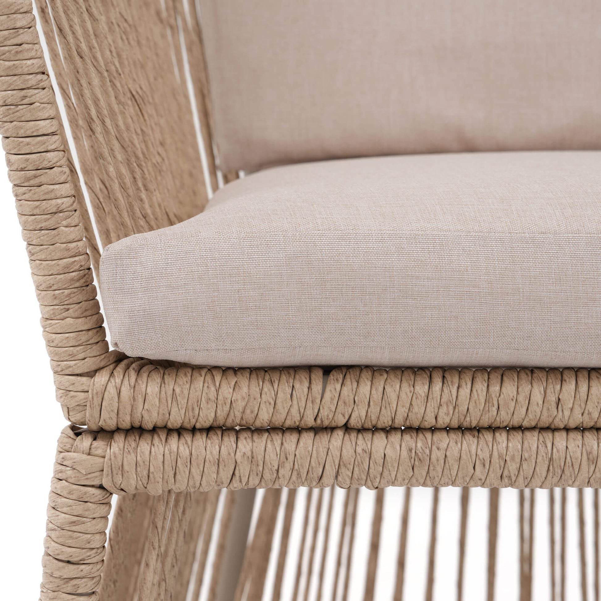 woven rope and beige cushion details of swivel dining chair