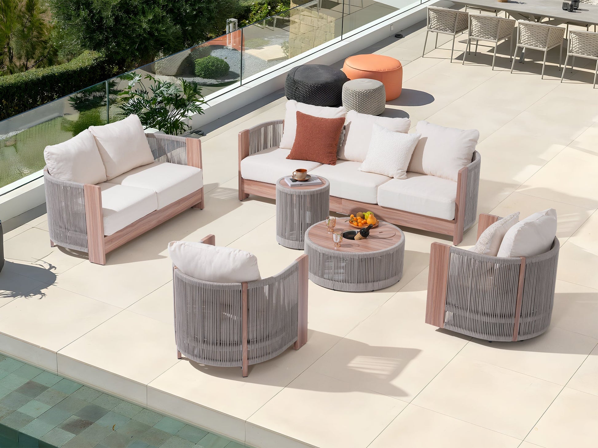 Irati 7 seats Rope Outdoor Seating Set with a side Table and a round coffee table, Built-in Storage Space -  Sunsitt Premium Modern Outdoor Patio Furniture