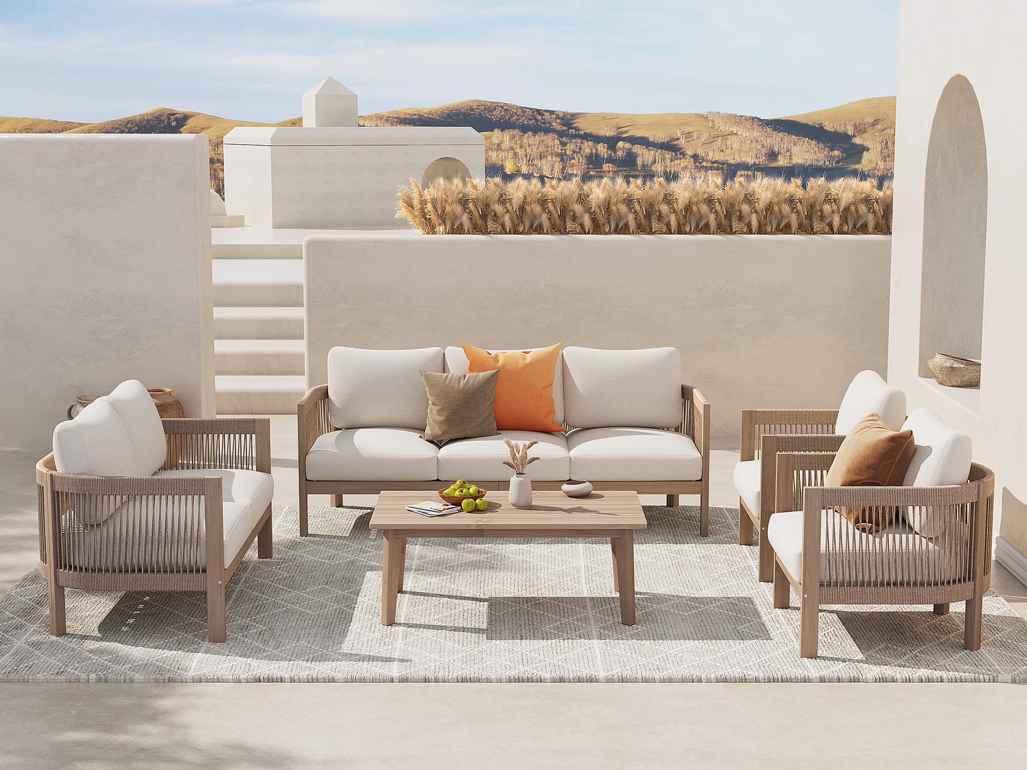 Foristern 5-Piece Wooden Outdoor Loveseat & Sofa Sets with Rope Design