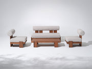 Wooden outdoor furniture set with white cushions, loveseat, two armless single sofa, a large coffee table- SUNSITT Modern Premium Outdoor Patio Furniture Sets