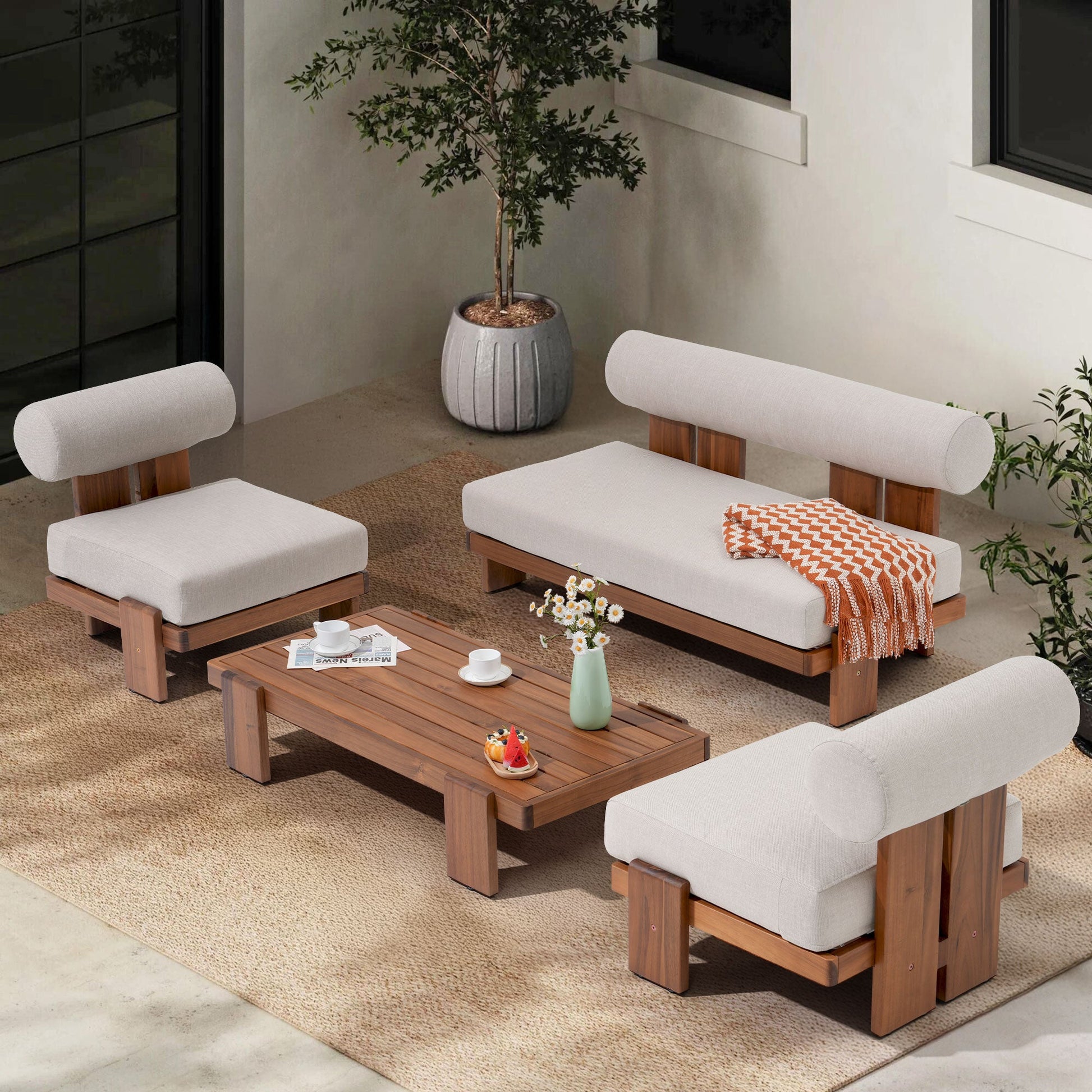 Outdoor conversation set with wooden chairs and table on a patio - Sunsitt Modern Premium Outdoor Patio Furniture Sets