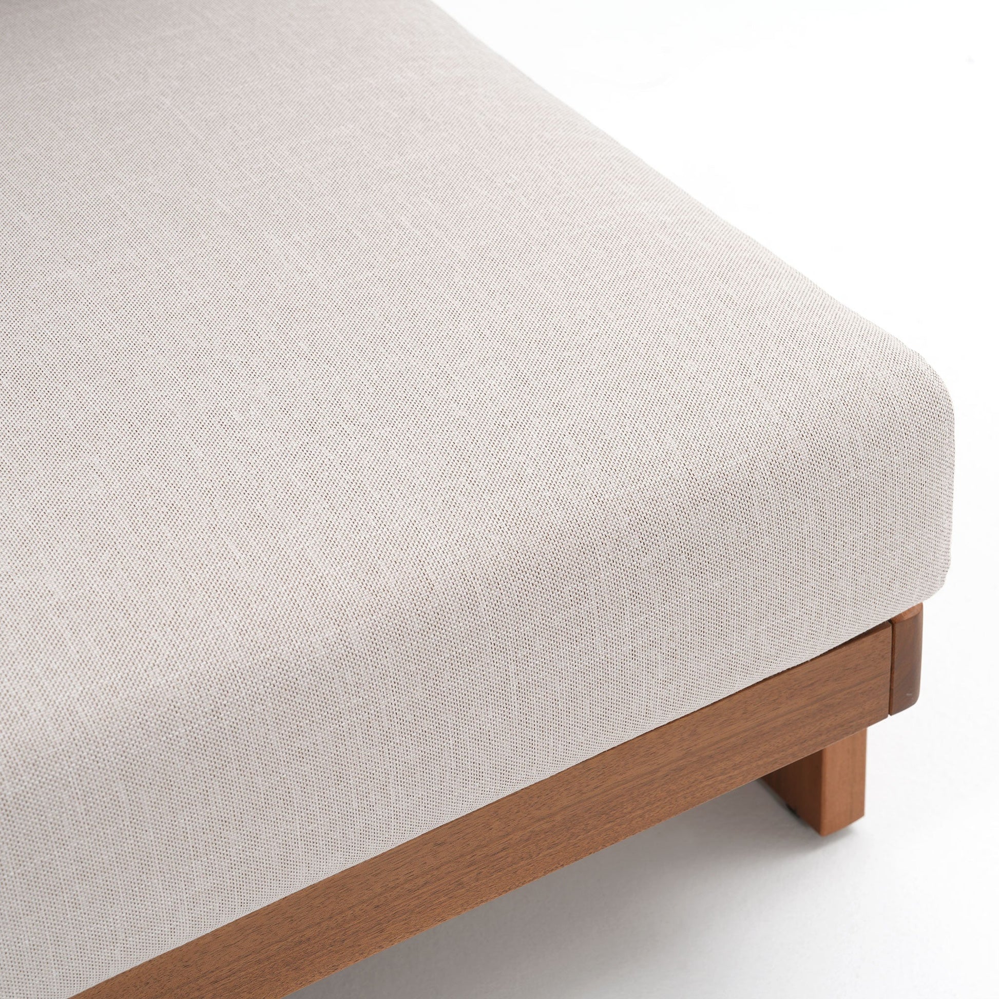 Close-up of a light gray upholstered chair with wooden legs, cushion detail- Sunsitt Modern Premium Outdoor Patio Furniture Sets