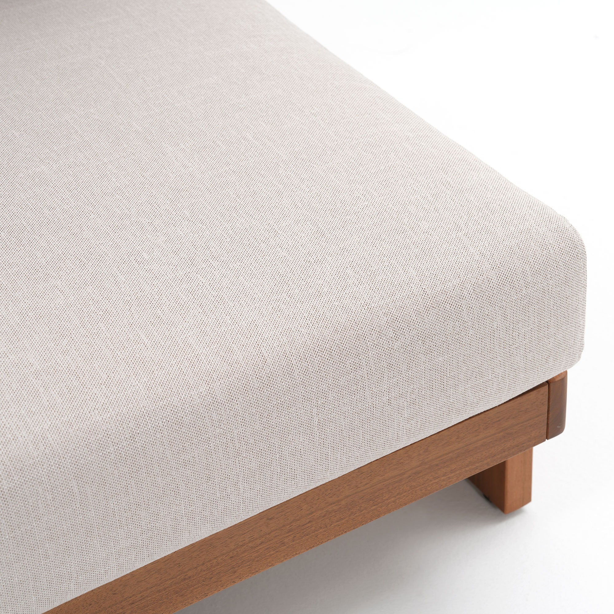 Close-up of a light gray upholstered chair with wooden legs, cushion detail- SUNSITT Modern Premium Outdoor Patio Furniture Sets