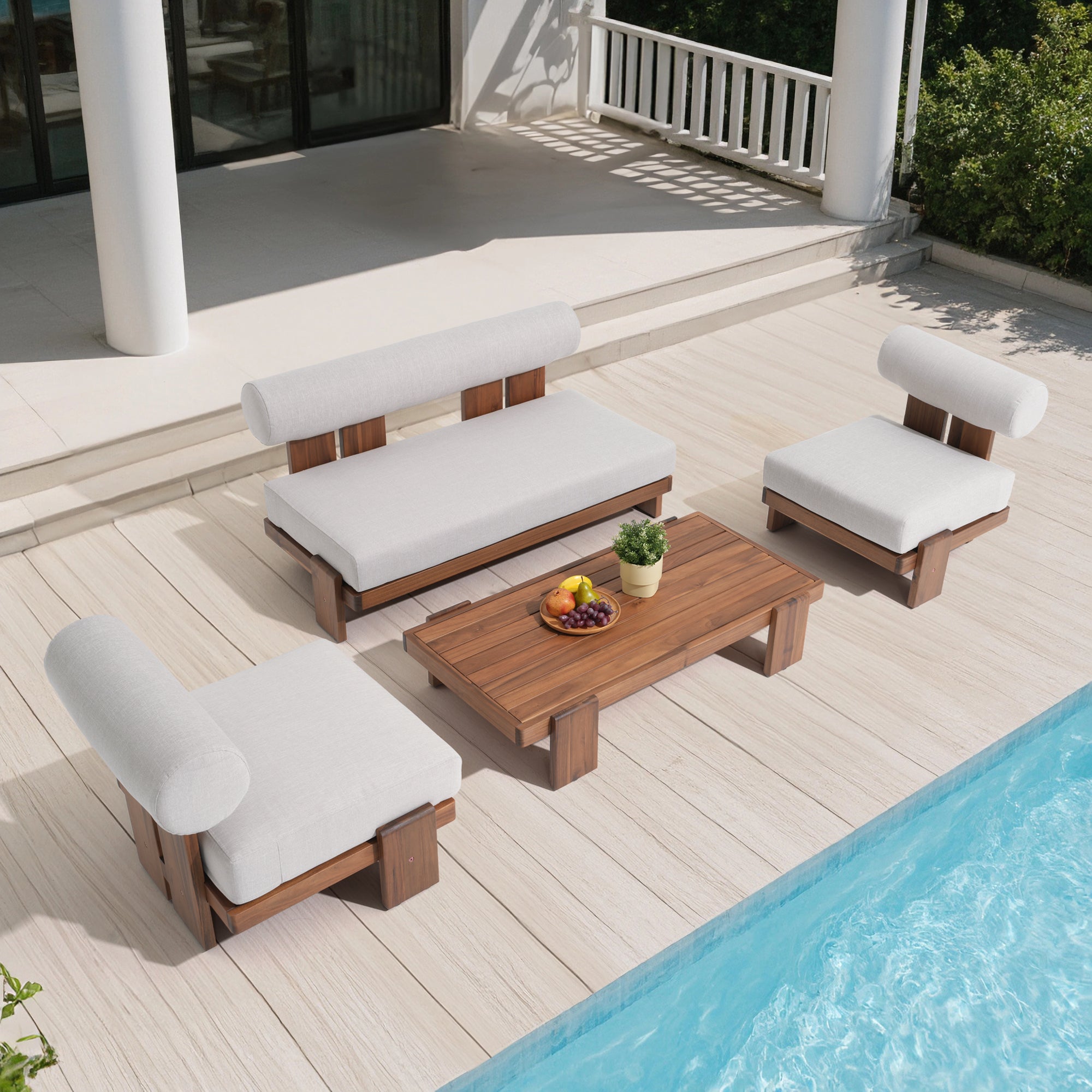 Outdoor loveseat seating set with wooden chairs and table by a pool- SUNSITT Modern Premium Outdoor Patio Furniture Sets