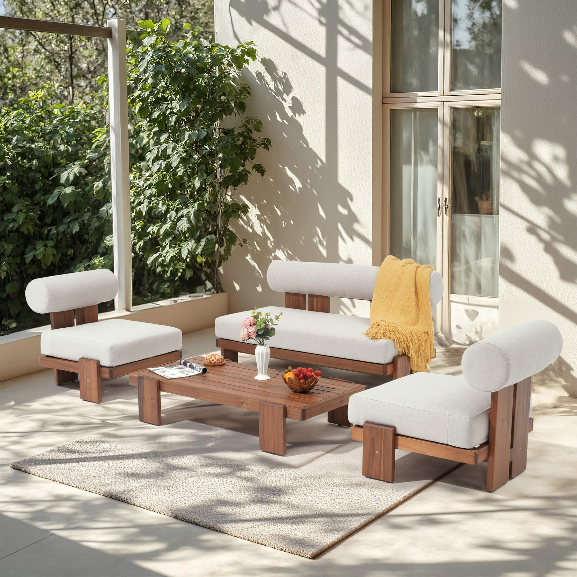 Noto 4-Piece Wooden Outdoor Loveseat Set with Linen Cushion, Armless Design (Pre-Order)