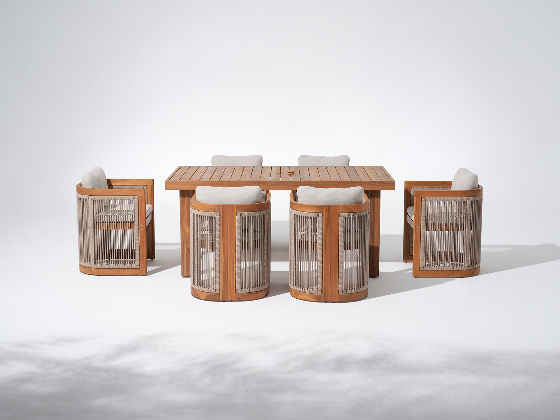 Wooden outdoor furniture dining set for 6 with umbrella hole, rope design chairs