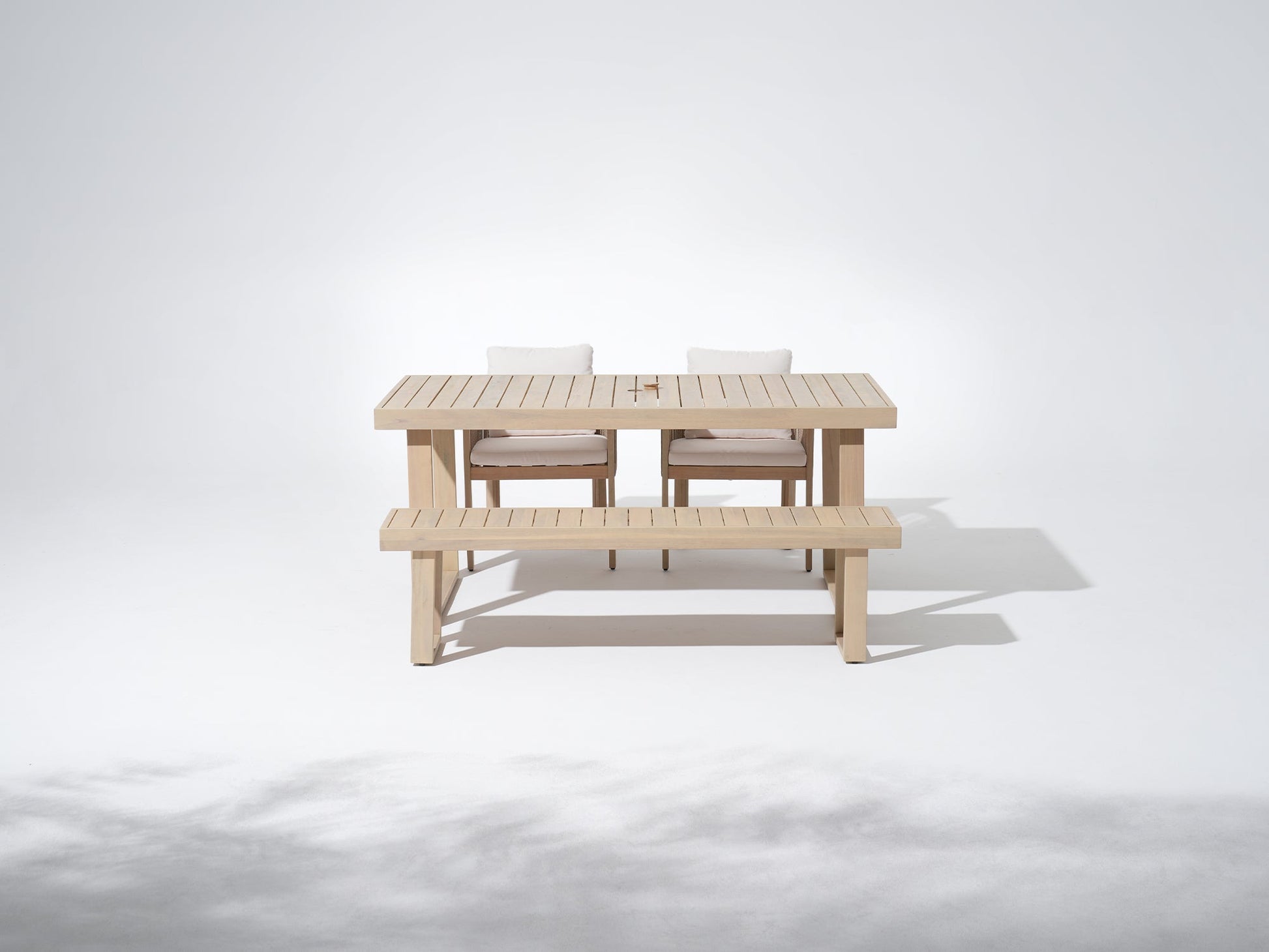 Wooden outdoor table for 4 with chairs and bench, umbrella hole design