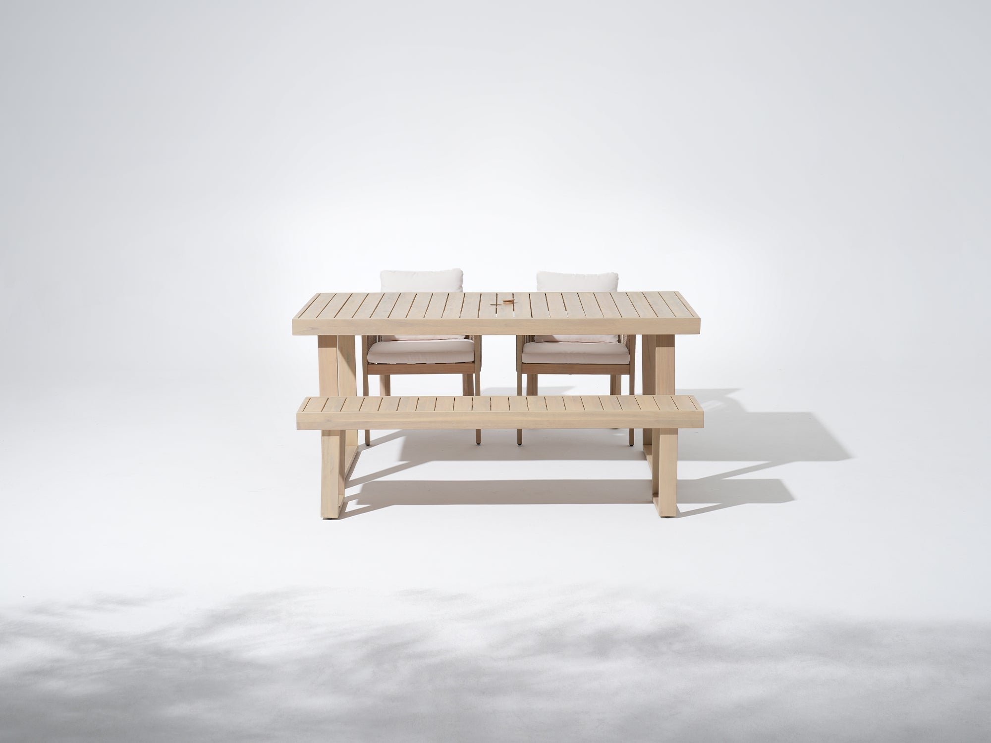 Wooden outdoor table for 4 with chairs and bench, umbrella hole design