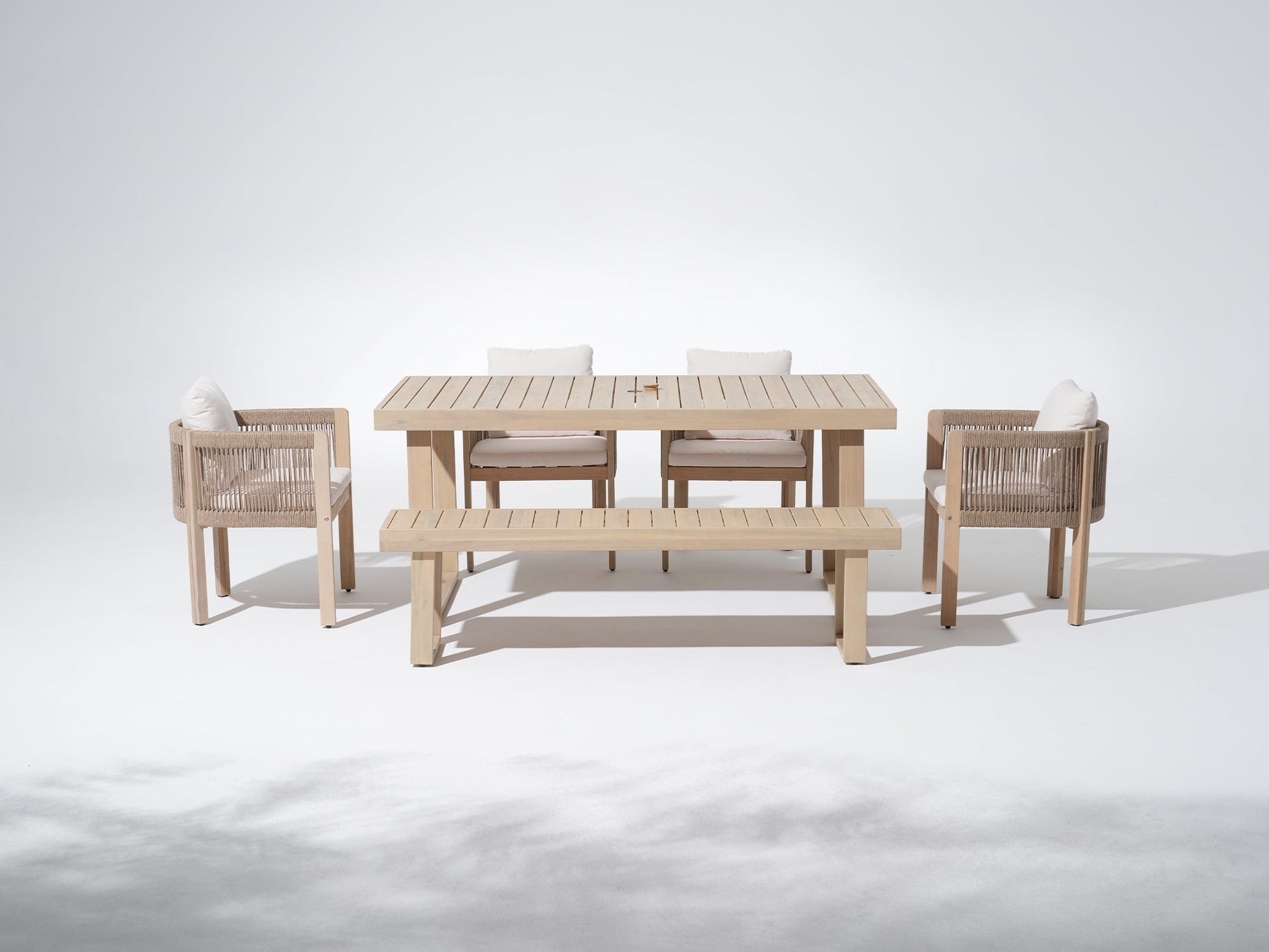 Foristern 67‘’ Wooden and rope Outdoor Dining Set with Umbrella Hole For 6 People