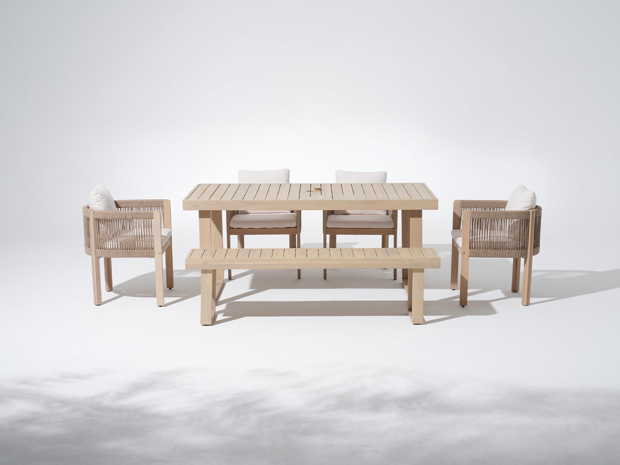 Foristern 67‘’ Wooden and rope Outdoor Dining Set with Umbrella Hole For 6 People