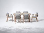 Thalea rectangular wood outdoor dining set for 6 people,  a 67'' table with umbrella hole and six wood armchairs with rope design