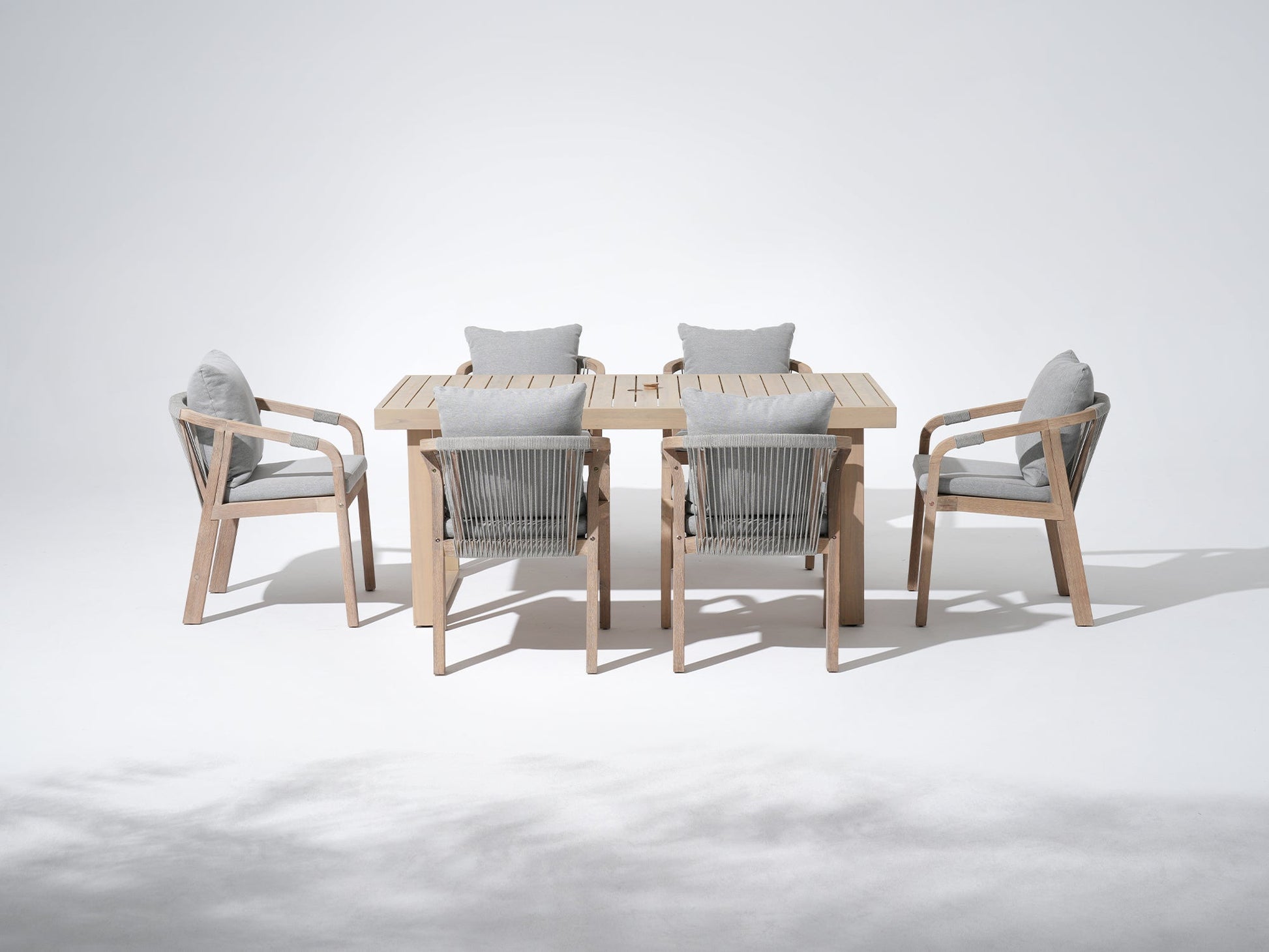 Thalea rectangular wood outdoor dining set for 6 people,  a 67'' table with umbrella hole and six wood armchairs with rope design