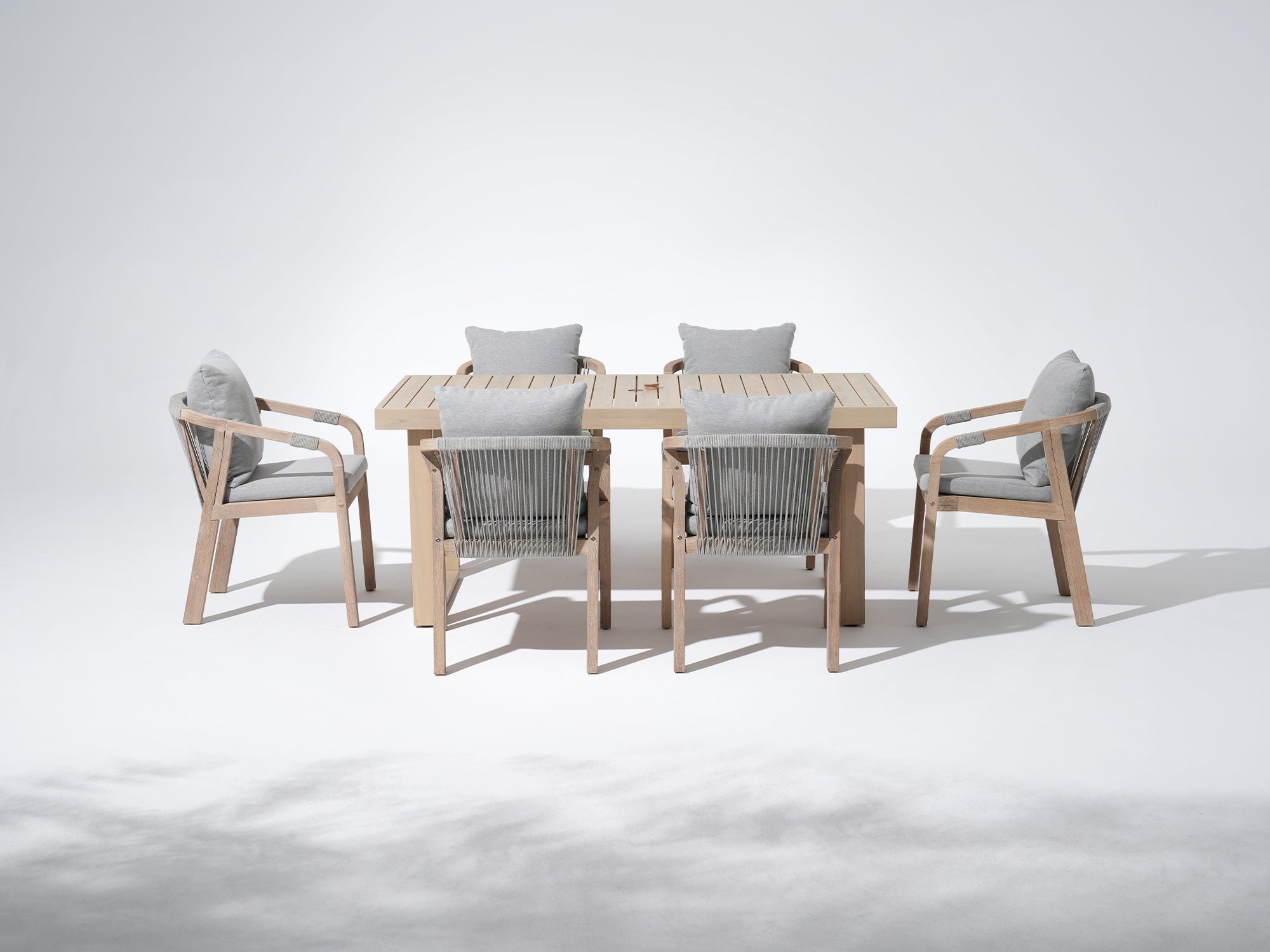 Thalea rectangular wood outdoor dining set for 6 people,  a 67'' table with umbrella hole and six wood armchairs with rope design