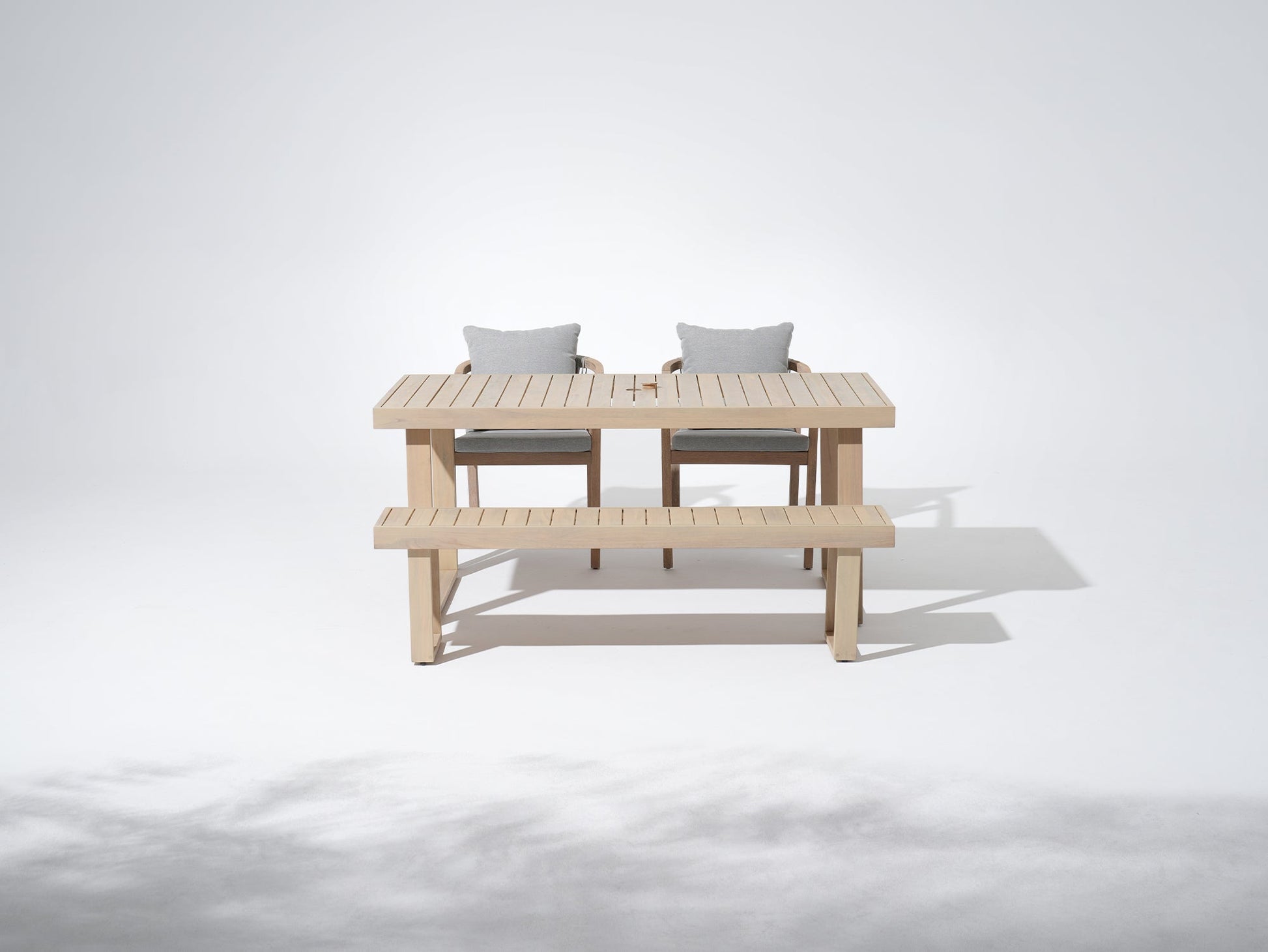 Wooden rectangular outdoor table set with umbrella hole, two dining chairs and one bench, one table