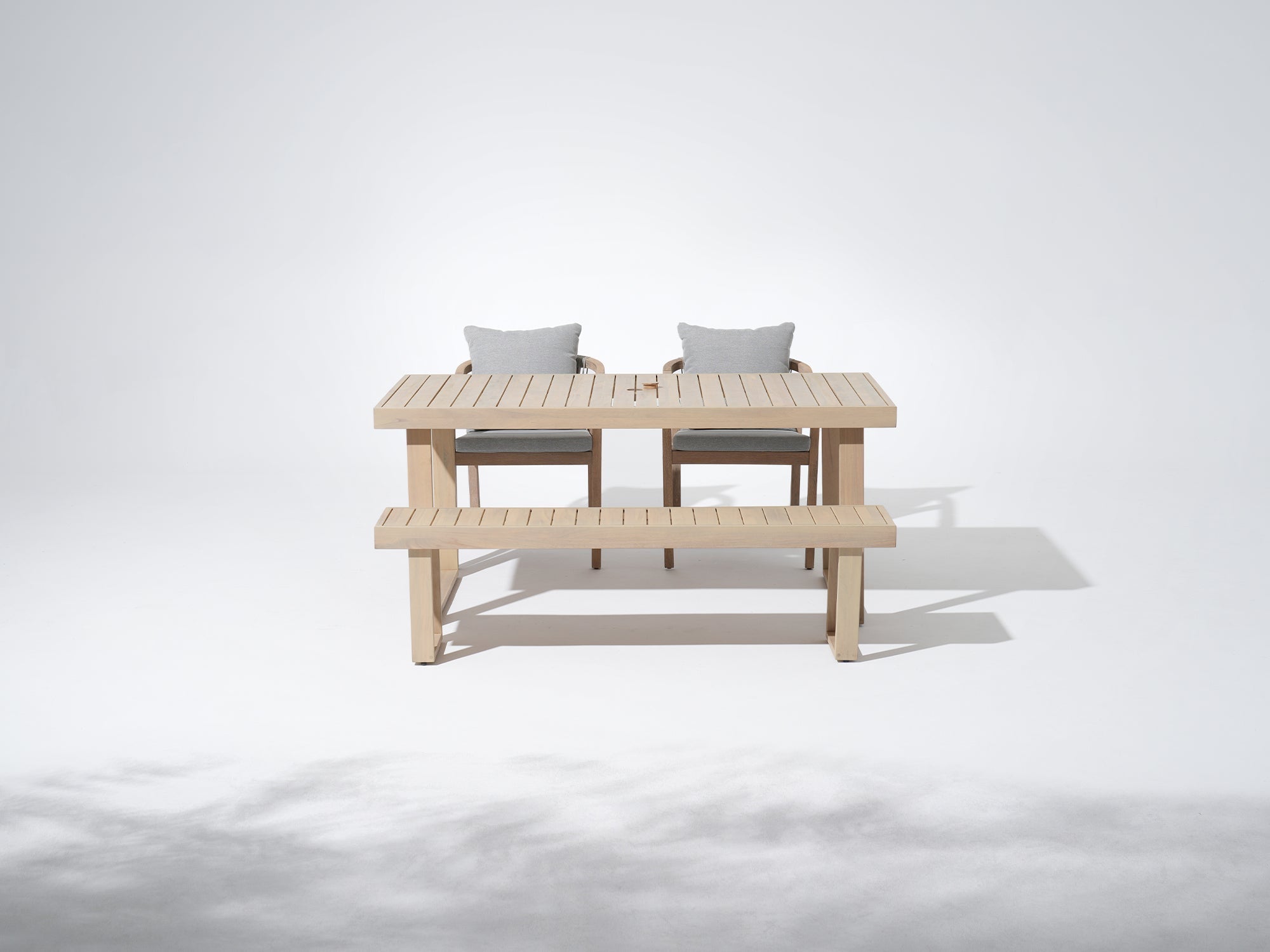 Wooden rectangular outdoor table set with umbrella hole, two dining chairs and one bench, one table