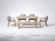 Wooden and rope outdoor dining furniture set for 6, a rectangular dining table with umbrella hole and four dining chairs and a bench