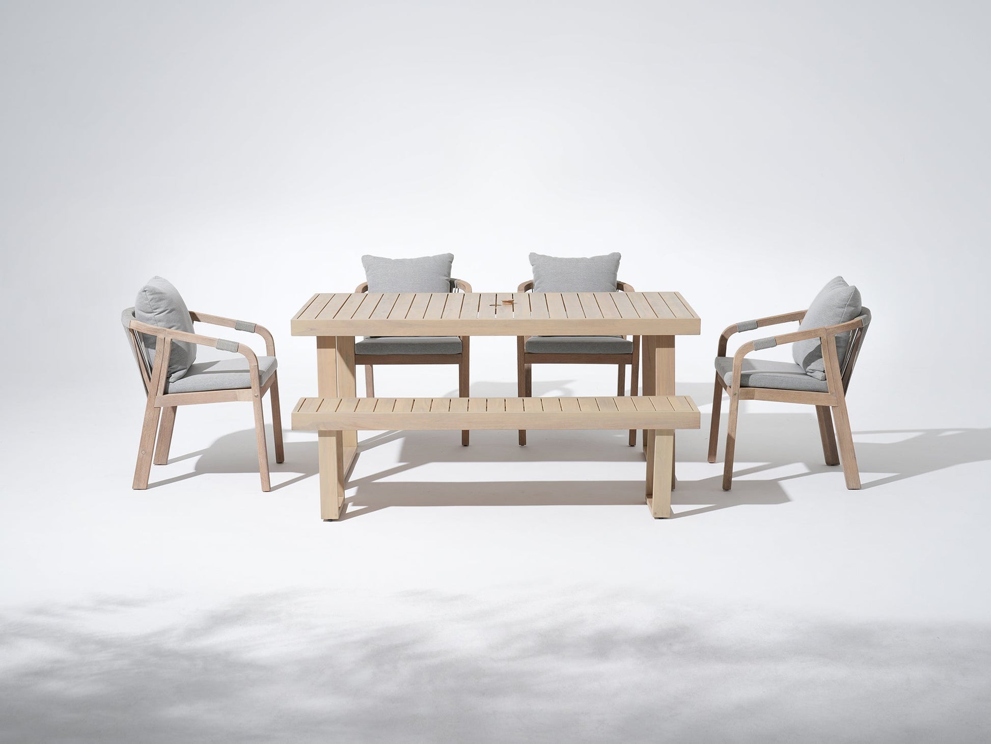 Wooden and rope outdoor dining furniture set for 6, a rectangular dining table with umbrella hole and four dining chairs and a bench