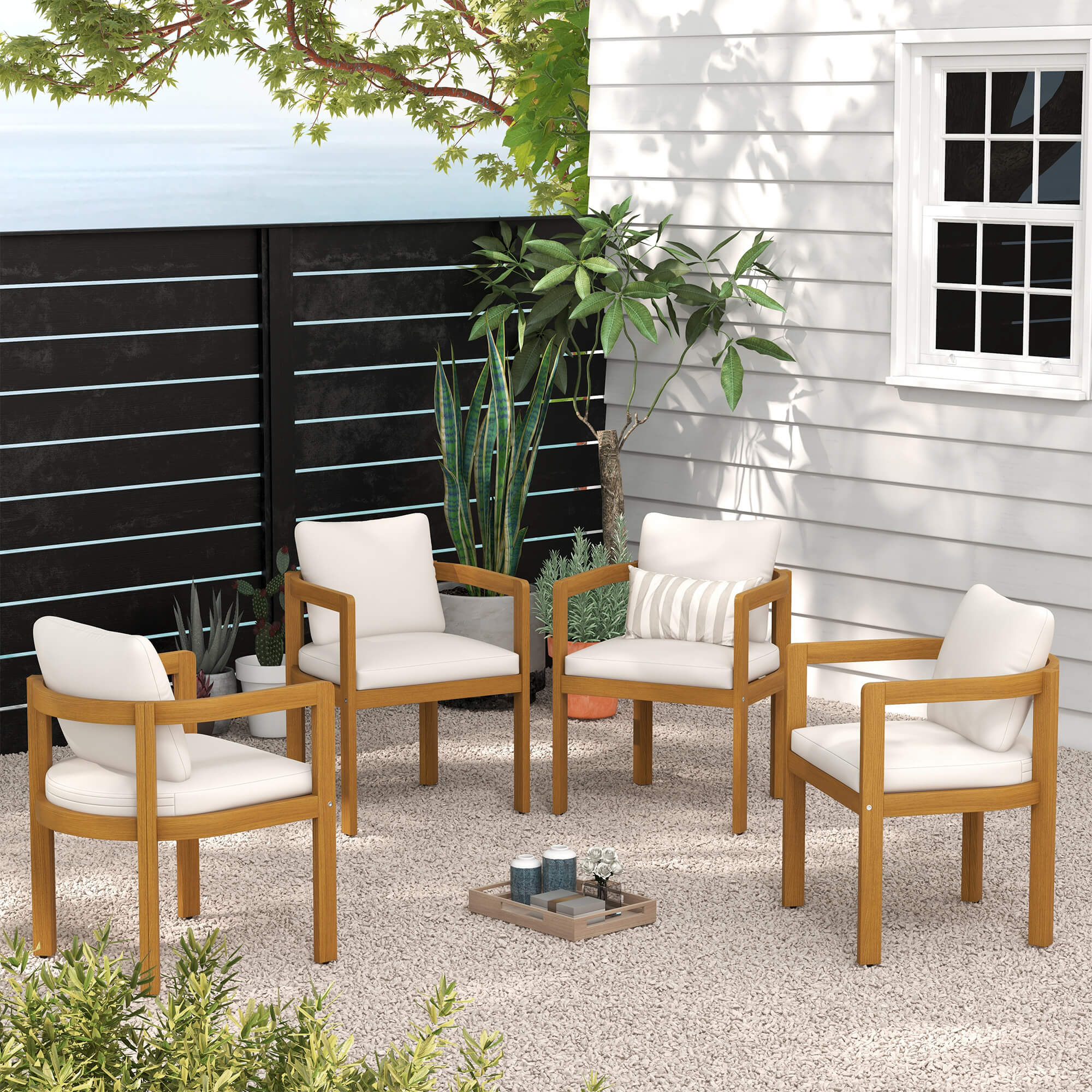 4 outdoor chairs with wooden frames and white cushions- SUNSITT Modern Premium Patio Outdoor Furniture