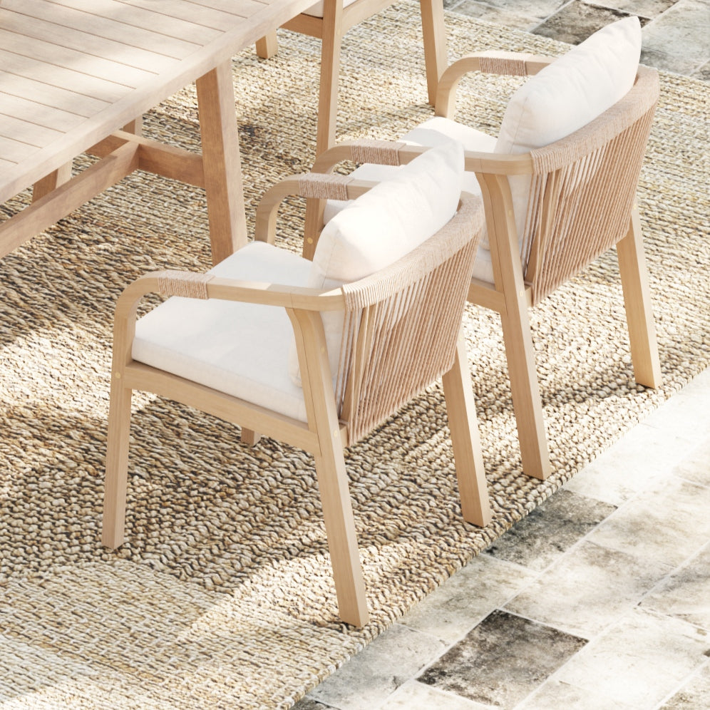 Thalea Neo Wooden Outdoor Dining Chair, Rope Design, Set of 2/4/6, White Cushions
