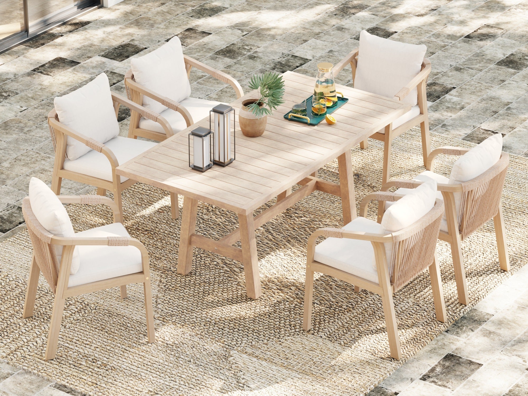 Lumi Wooden Outdoor Dining Set with White Cushion for 6 People, Rope Design, 67'' Table