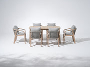 wooden Outdoor furniture dining set for 6 people with umbrella hole, rope design and gray cushions