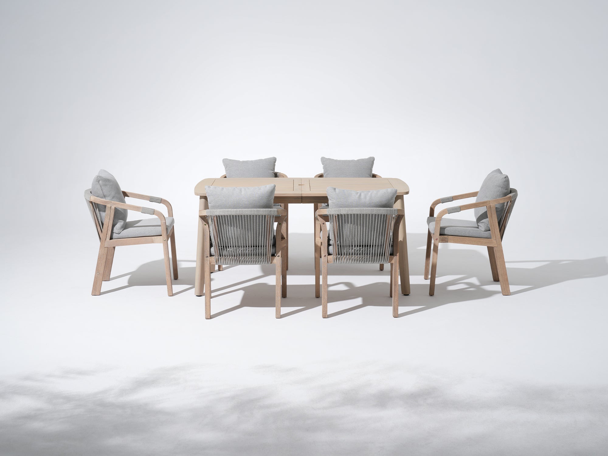 wooden Outdoor furniture dining set for 6 people with umbrella hole, rope design and gray cushions