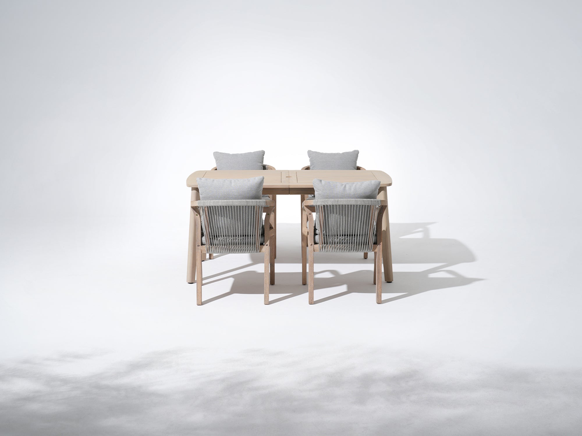 Wooden dining table with four chairs, u brella hole