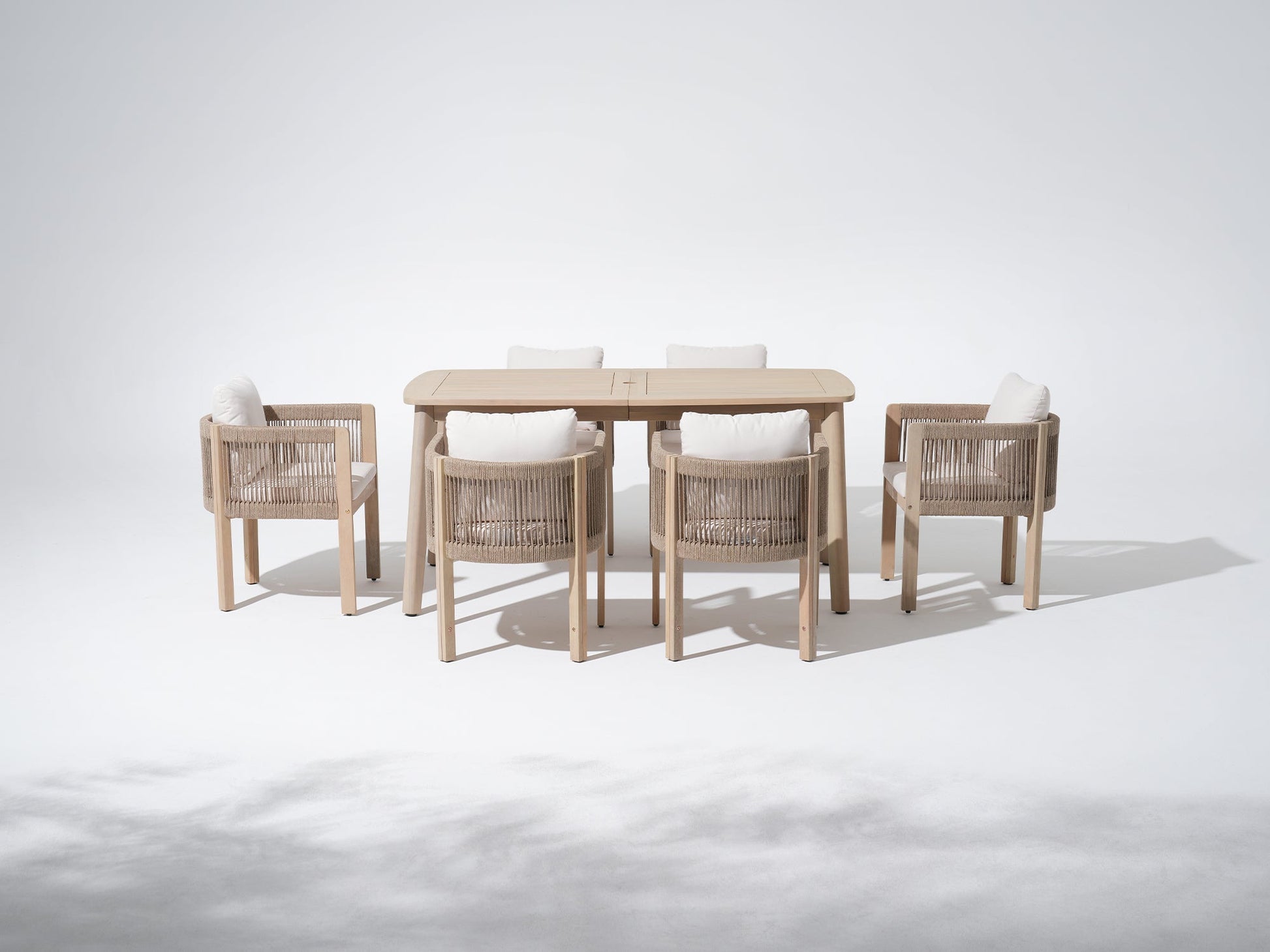 Outdoor furniture set for 6 with umbrella hole, a rectangular dining table and  matching chairs with rope design