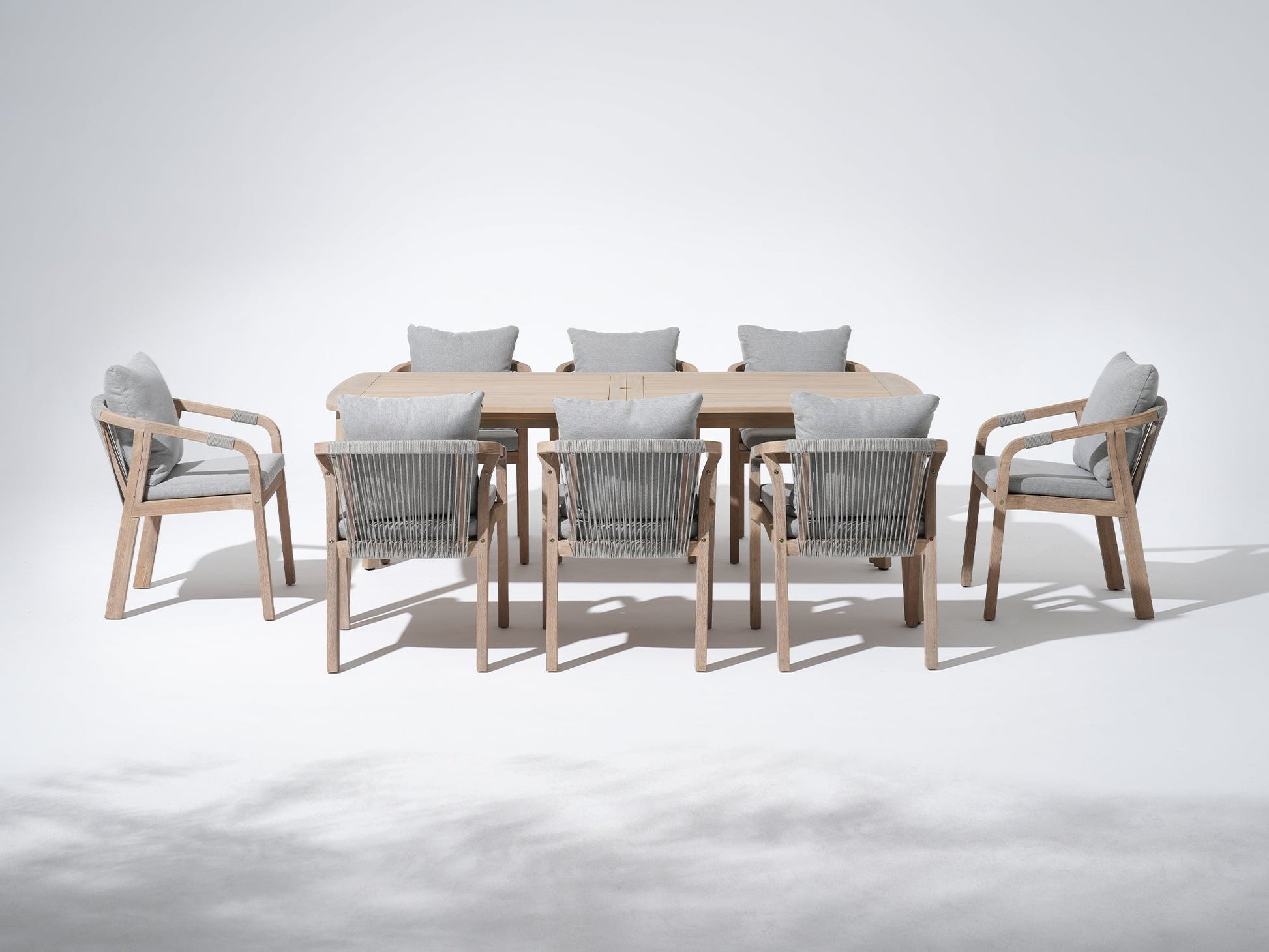 9-pc wooden & rope outdoor dining furniture set for 8 people with umbrella hole