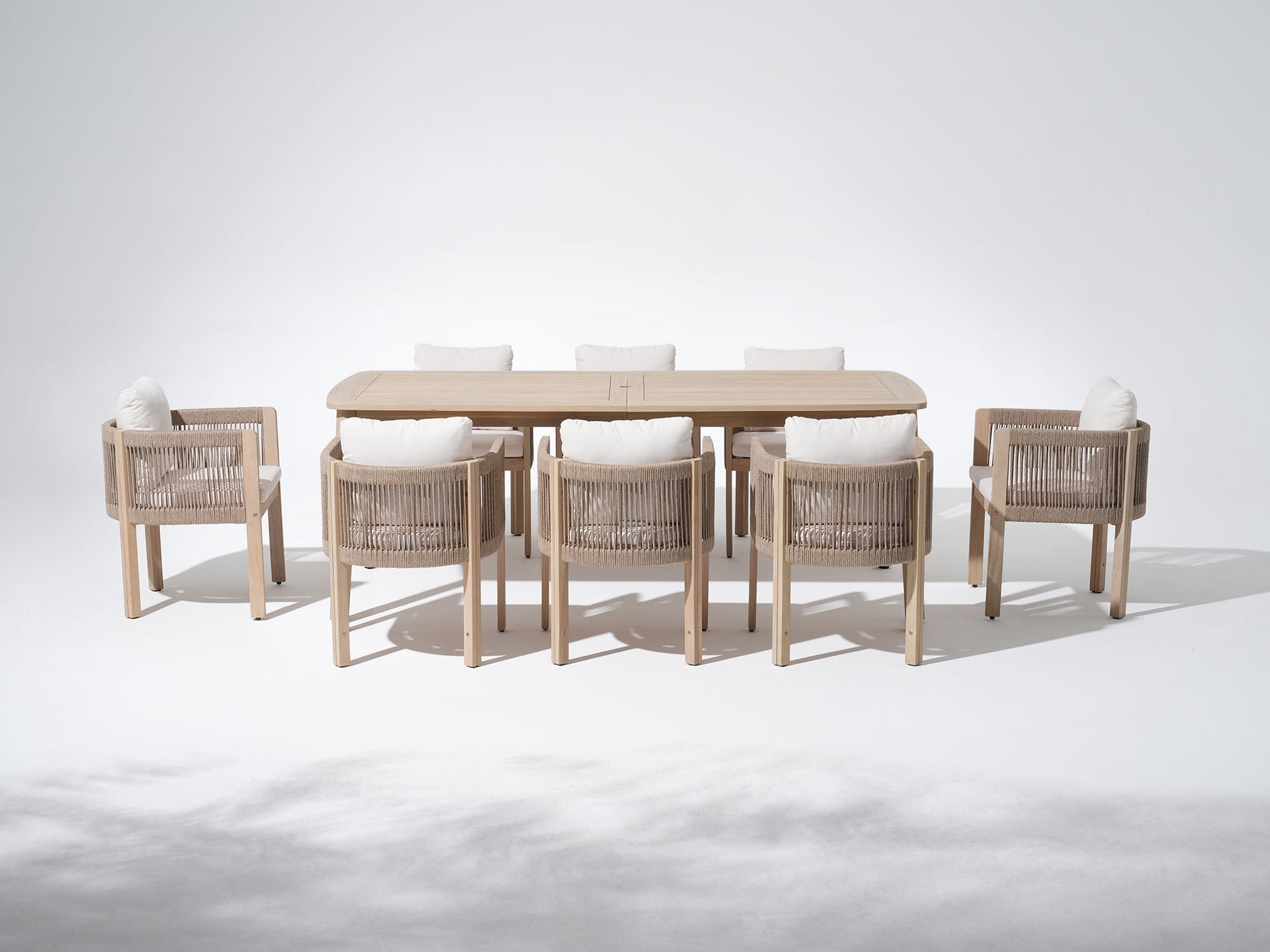 wooden rectangular outdoor dining set for 8, outdoor dining table with umbrella hole and 8 dining chairs with rope design