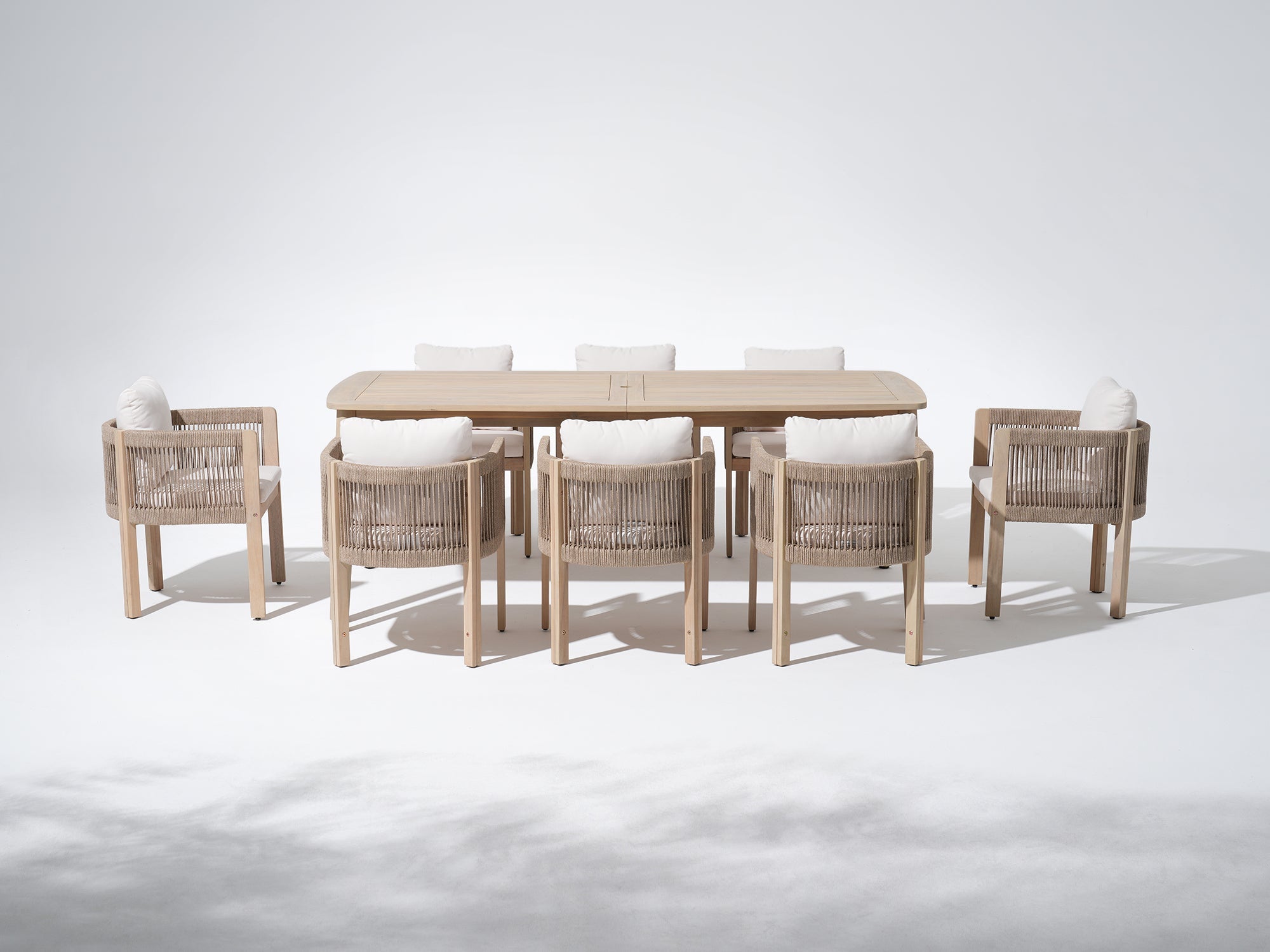 wooden rectangular outdoor dining set for 8, outdoor dining table with umbrella hole and 8 dining chairs with rope design