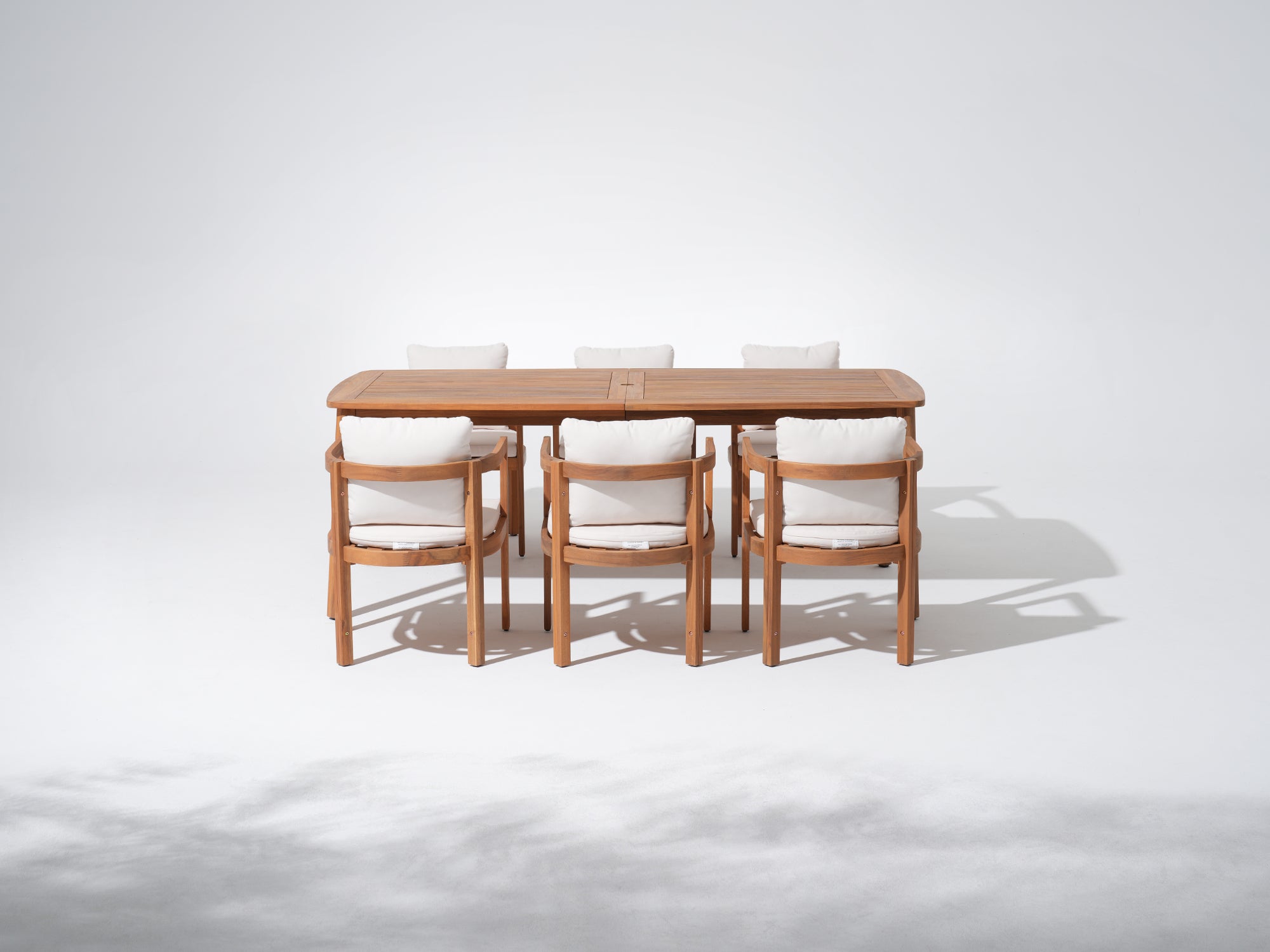 Rectangular Wooden dining table with umnrella hole and six matching chairs 